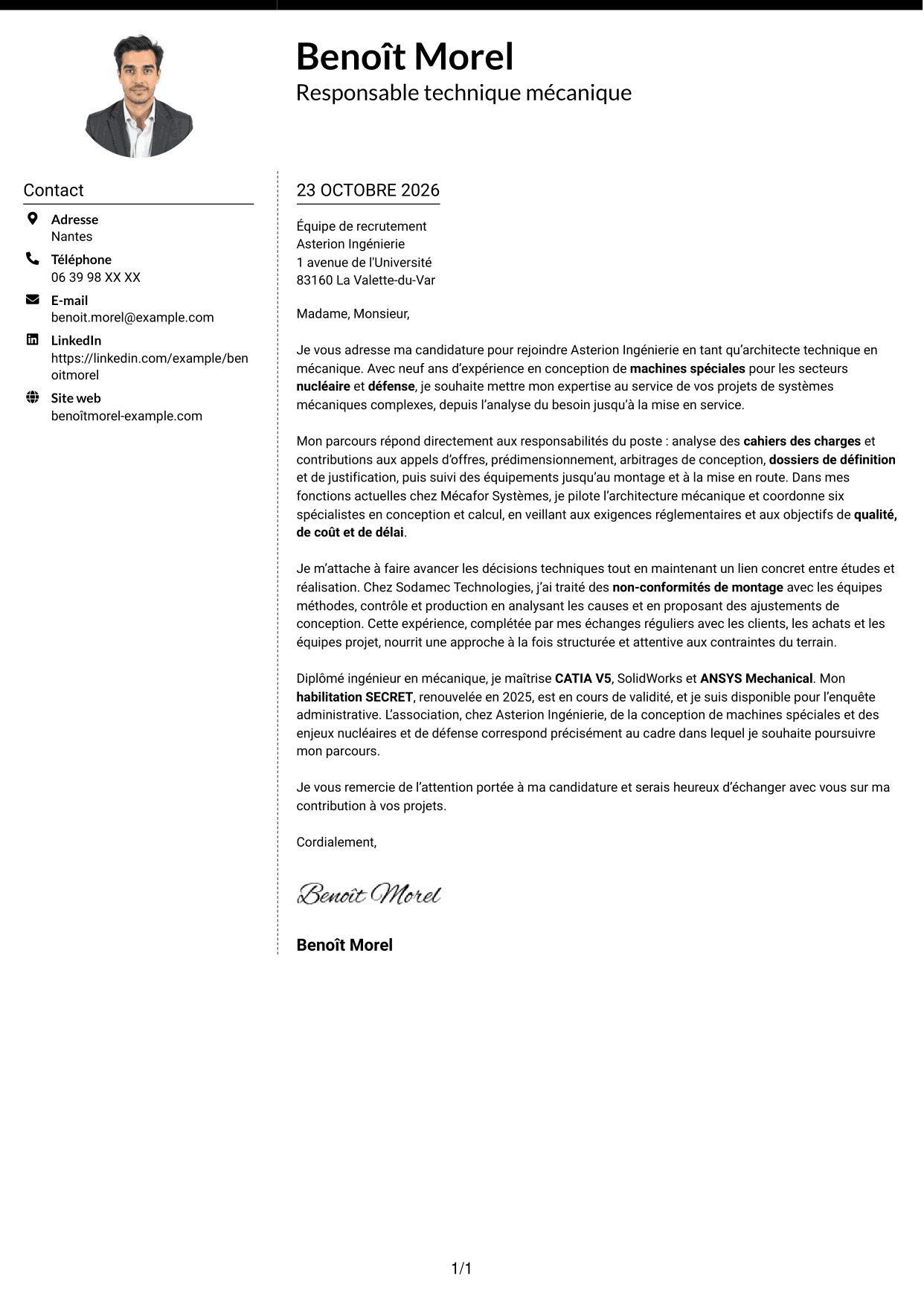 Lettre de motivation Moderne (format à deux colonnes avec photo à gauche et séparateur) : Architecte Technique Machines Spéciales, page 1