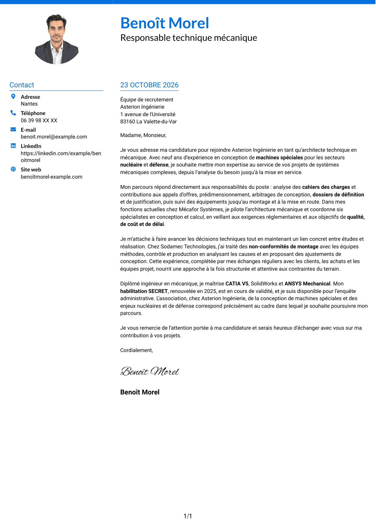 Lettre de motivation Audacieux (format à deux colonnes avec accents colorés et photo) : Architecte Technique Machines Spéciales, page 1