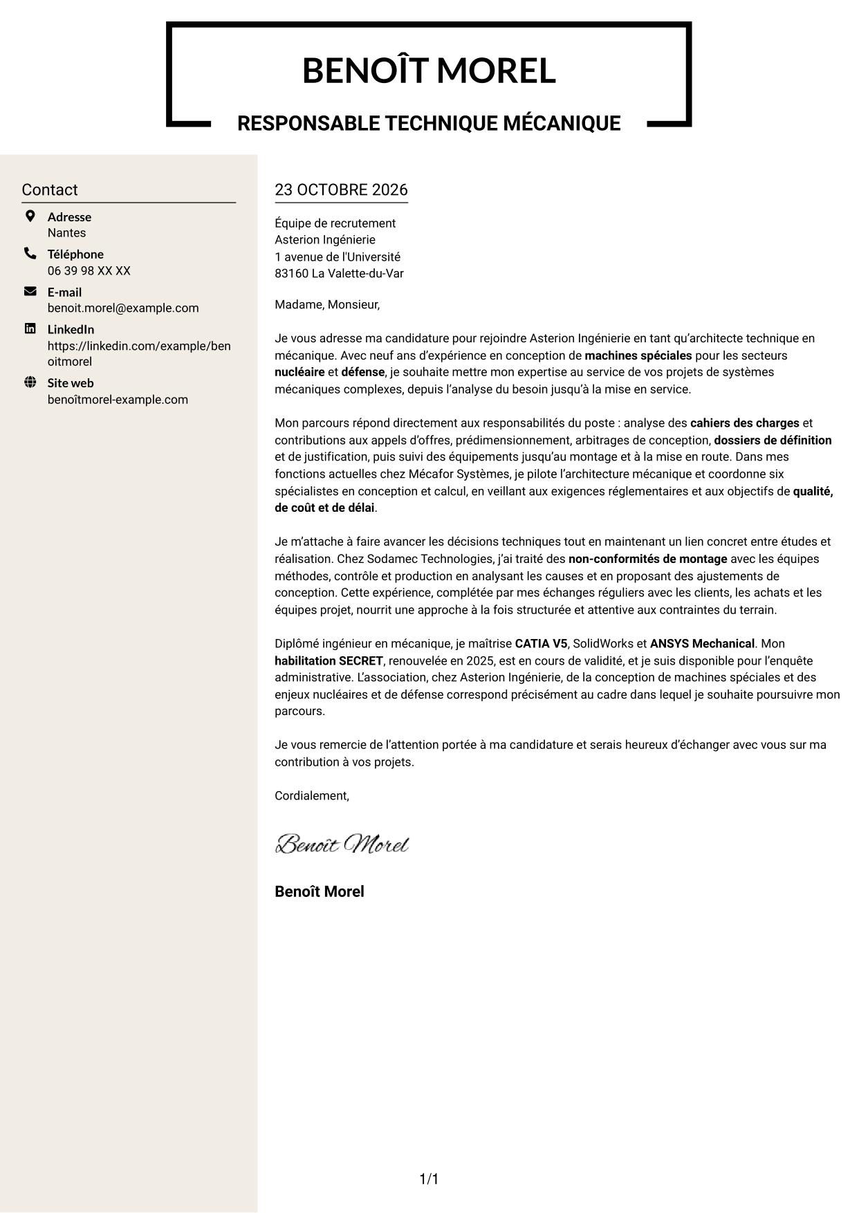 Lettre de motivation Fonceur (format à deux colonnes avec en-tête centré sans photo) : Architecte Technique Machines Spéciales, page 1