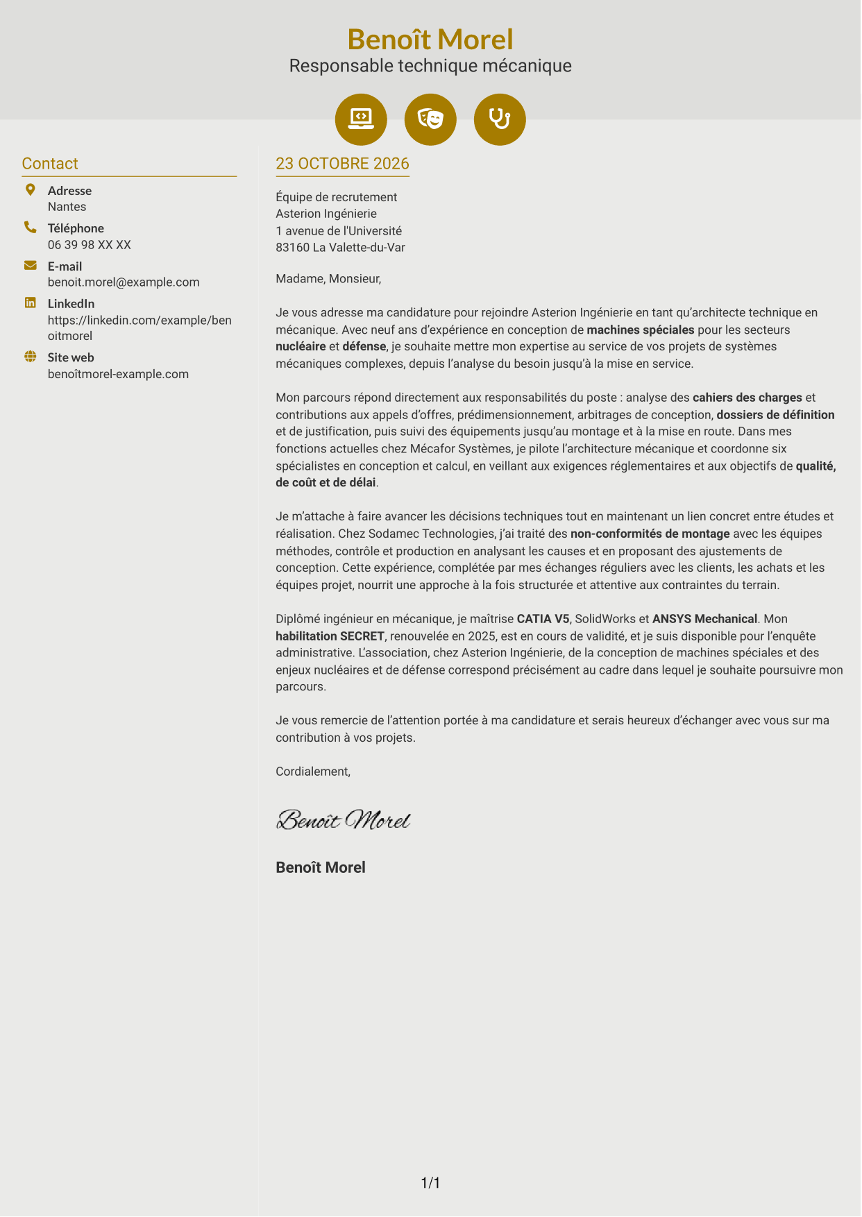 Lettre de motivation Dynamique (format à deux colonnes avec icônes) : Architecte Technique Machines Spéciales, page 1