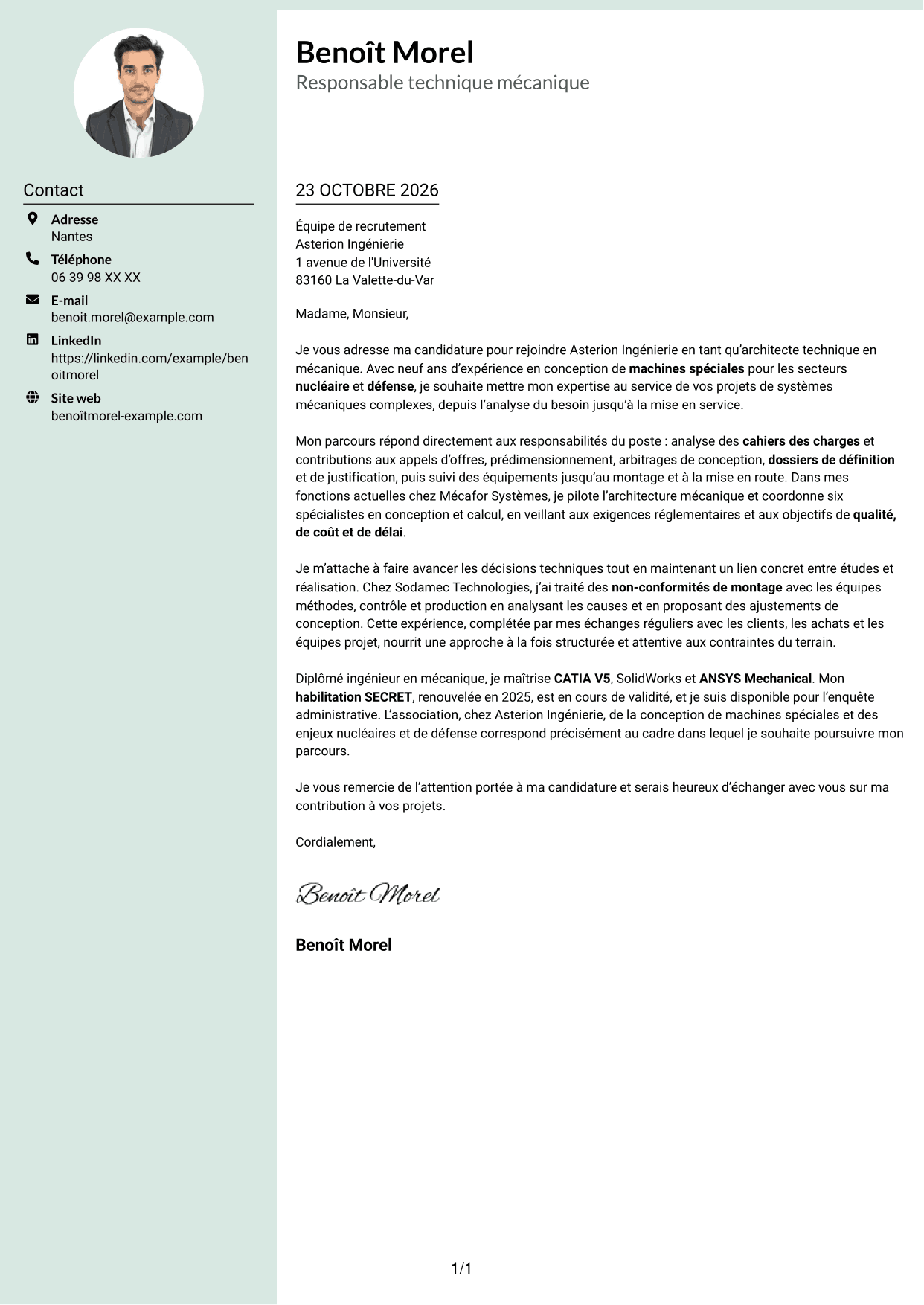 Lettre de motivation Cadre (format à colonne latérale douce avec photo arrondie) : Architecte Technique Machines Spéciales, page 1