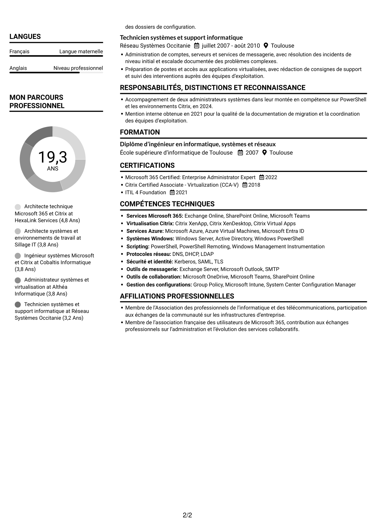 CV Compact (format sobre à deux colonnes avec photo) : Architecte technique Microsoft 365 - Citrix, page 2