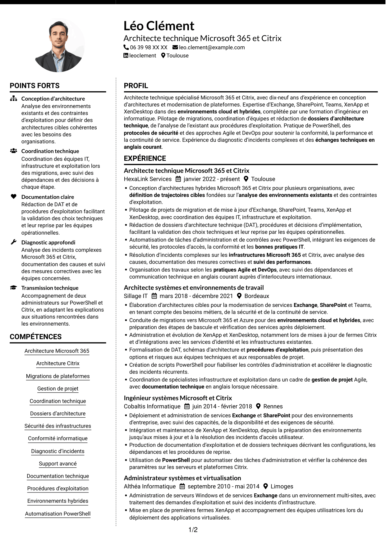 CV Moderne (format à deux colonnes avec photo à gauche et séparateur) : Architecte technique Microsoft 365 - Citrix, page 1