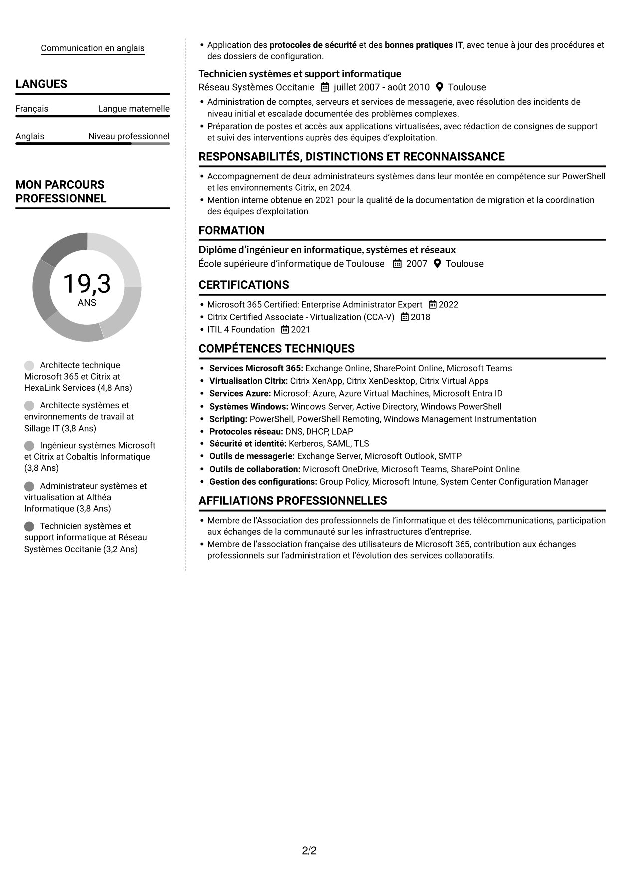 CV Moderne (format à deux colonnes avec photo à gauche et séparateur) : Architecte technique Microsoft 365 - Citrix, page 2