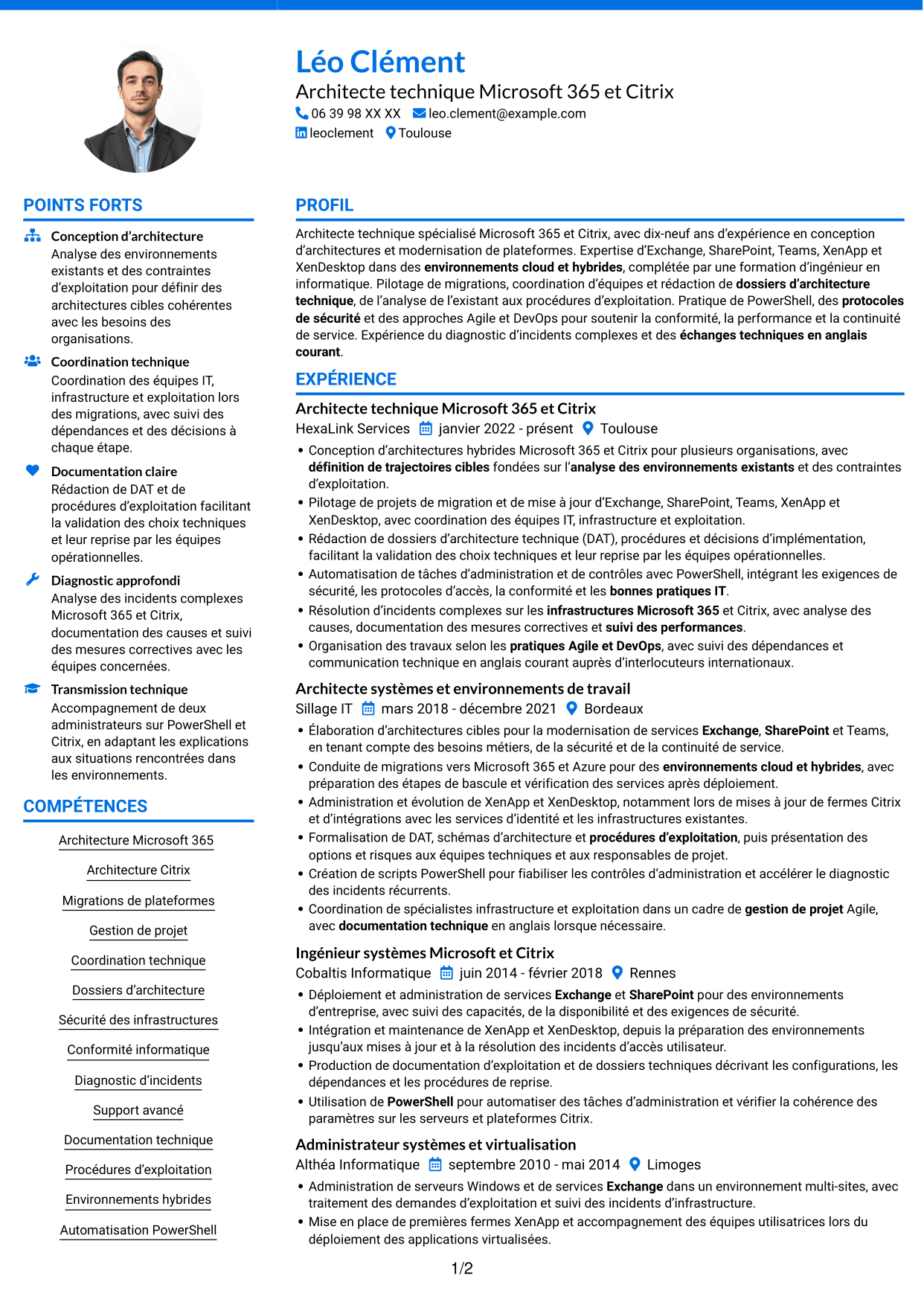 CV Audacieux (format à deux colonnes avec accents colorés et photo) : Architecte technique Microsoft 365 - Citrix, page 1