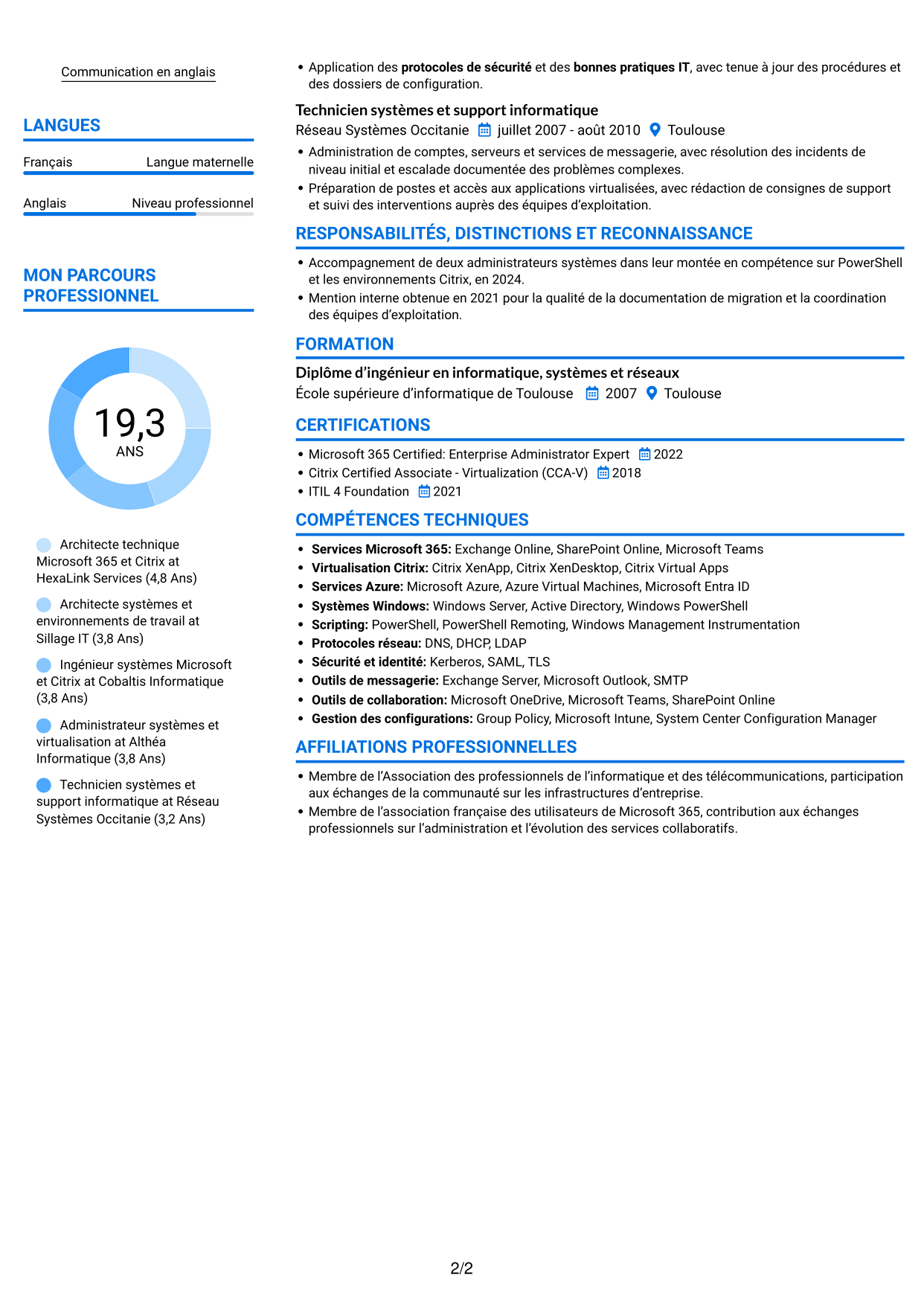 CV Audacieux (format à deux colonnes avec accents colorés et photo) : Architecte technique Microsoft 365 - Citrix, page 2