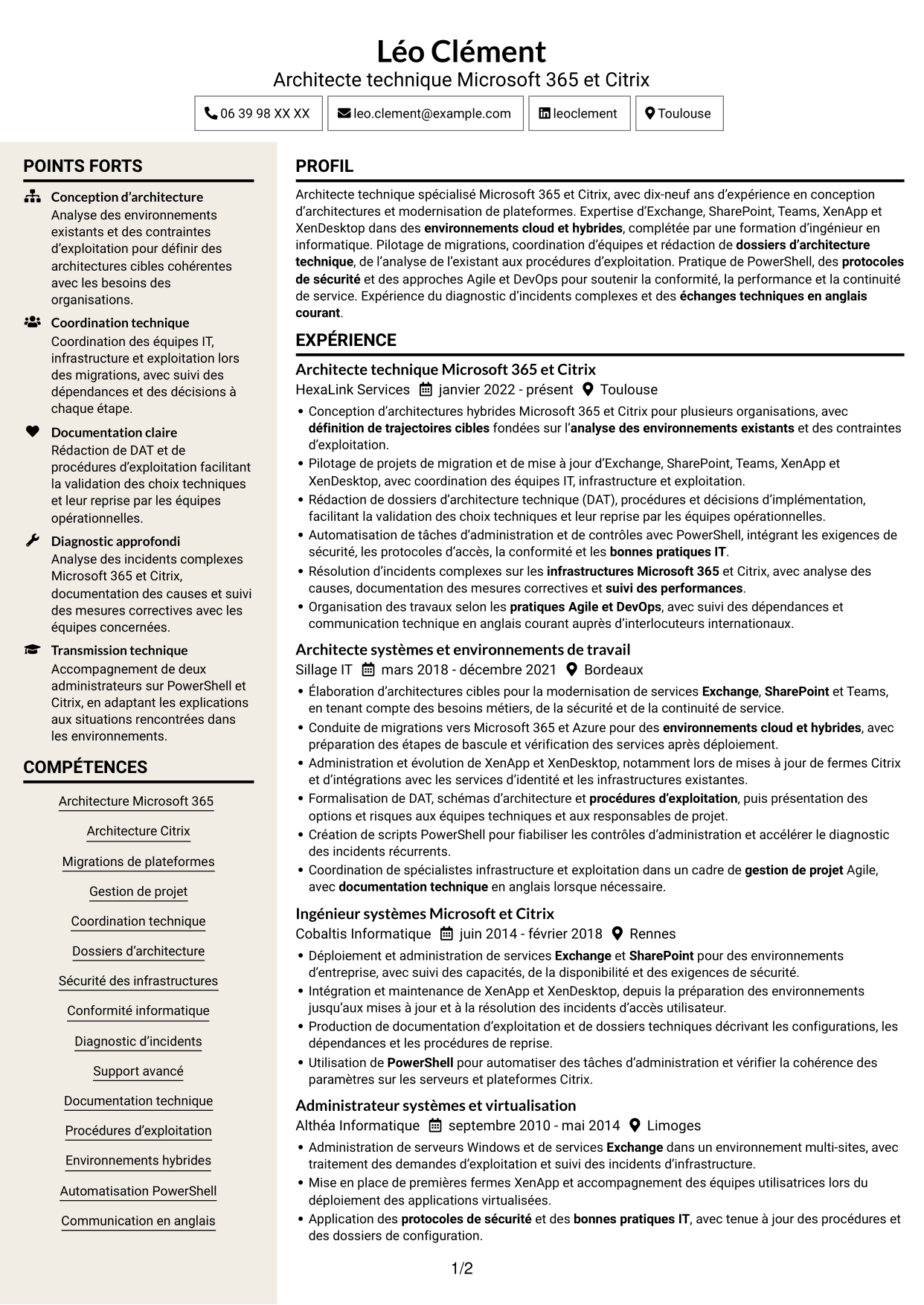 CV Fonceur (format à deux colonnes avec en-tête centré sans photo) : Architecte technique Microsoft 365 - Citrix, page 1