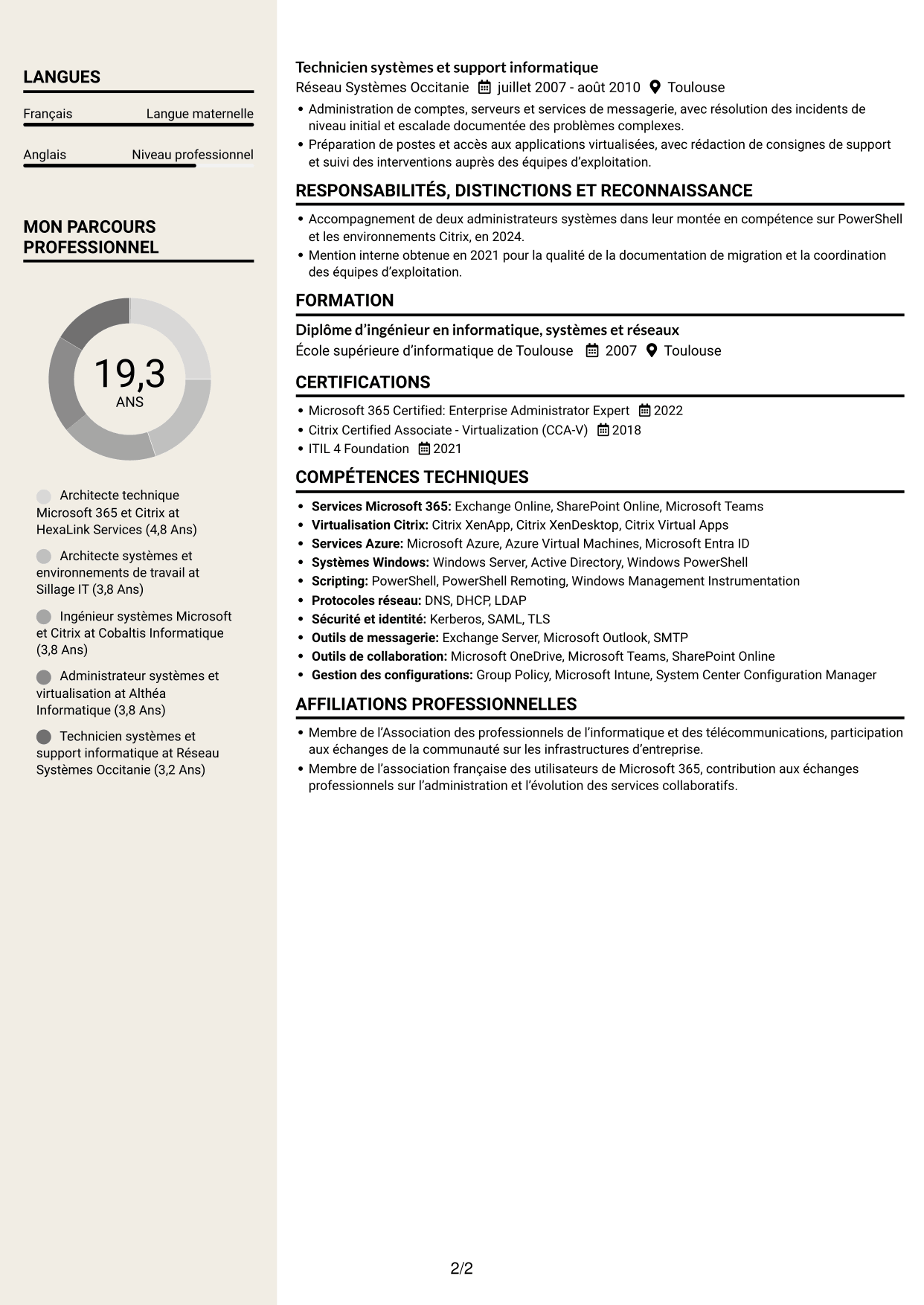 CV Fonceur (format à deux colonnes avec en-tête centré sans photo) : Architecte technique Microsoft 365 - Citrix, page 2