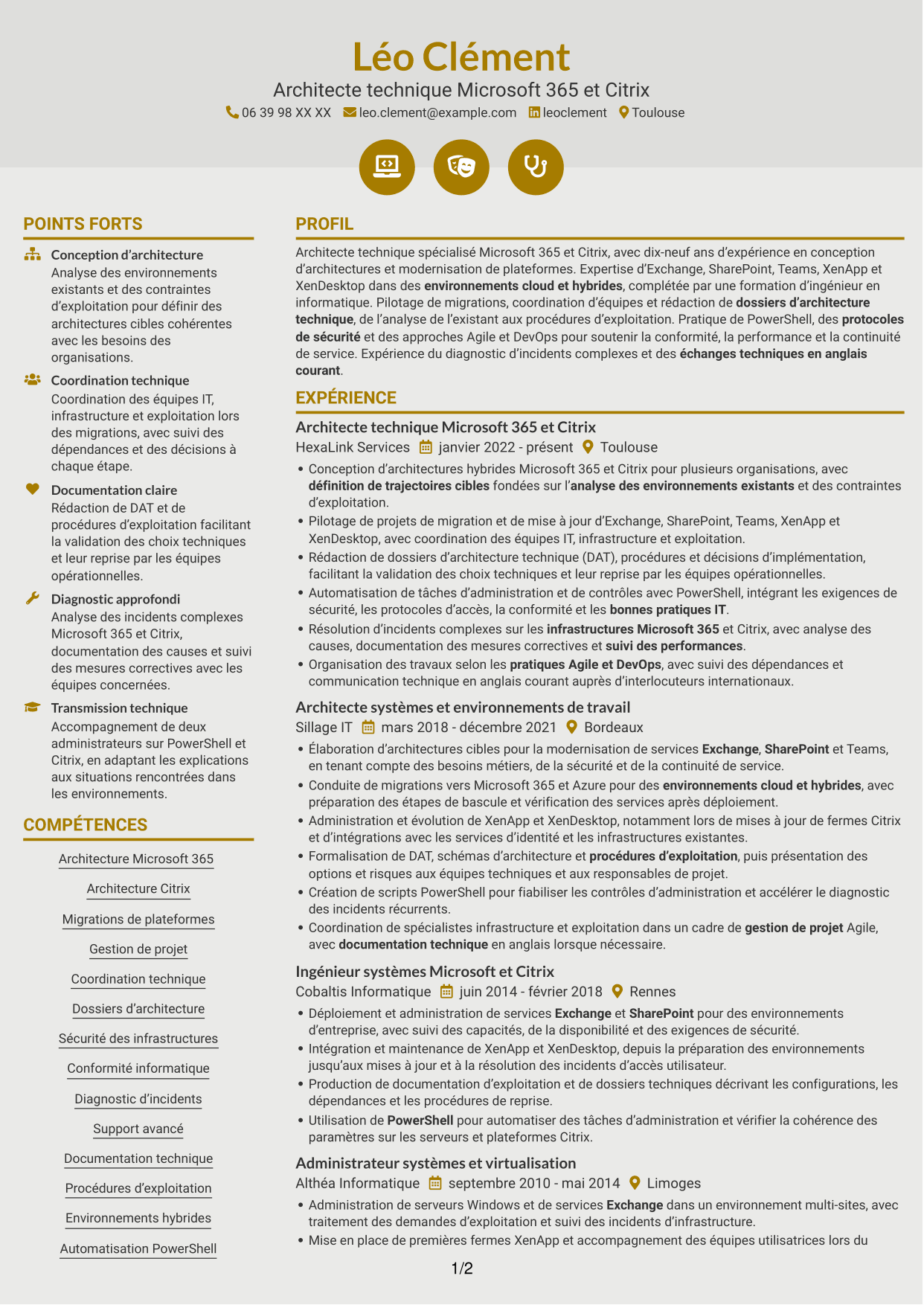 CV Dynamique (format à deux colonnes avec icônes) : Architecte technique Microsoft 365 - Citrix, page 1