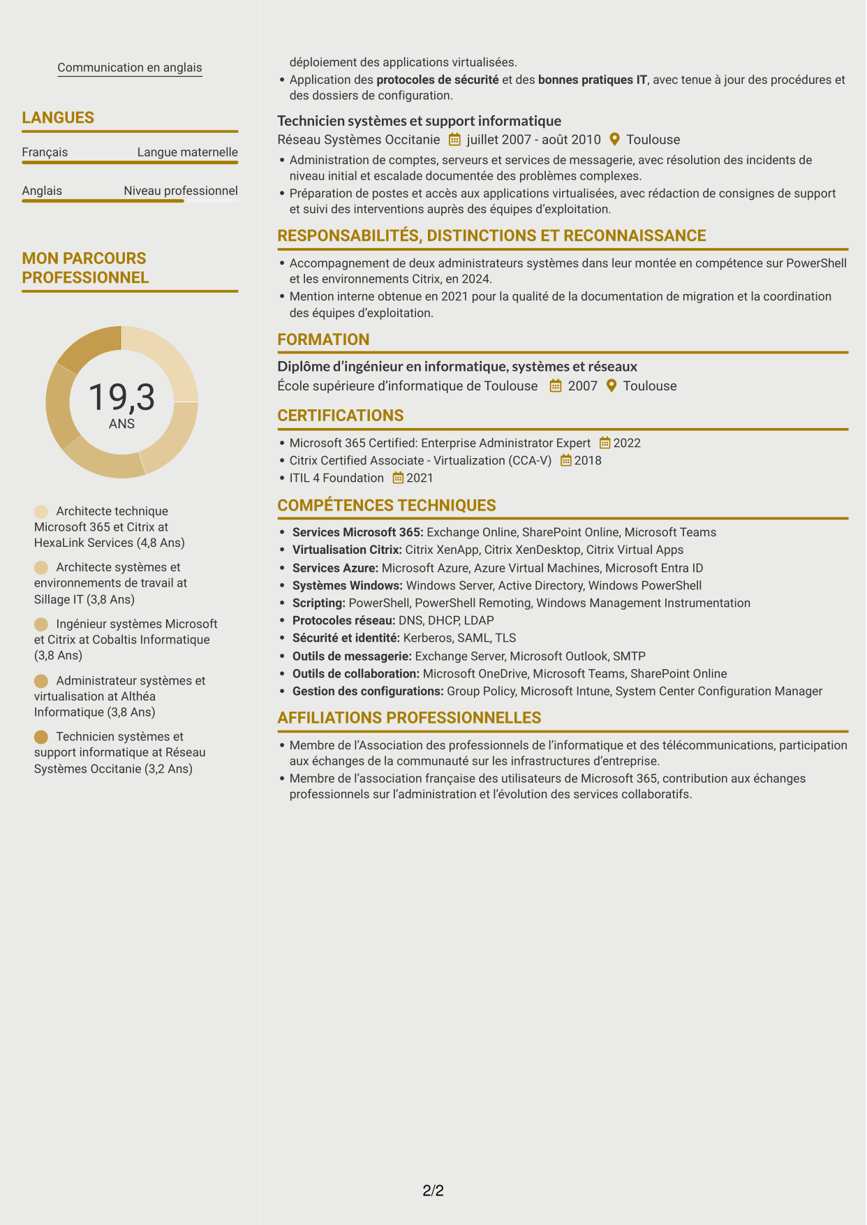 CV Dynamique (format à deux colonnes avec icônes) : Architecte technique Microsoft 365 - Citrix, page 2