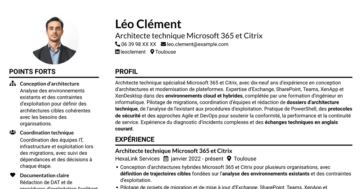 7 modèles de CV pour Architecte technique Microsoft 365 - Citrix, avec exemples