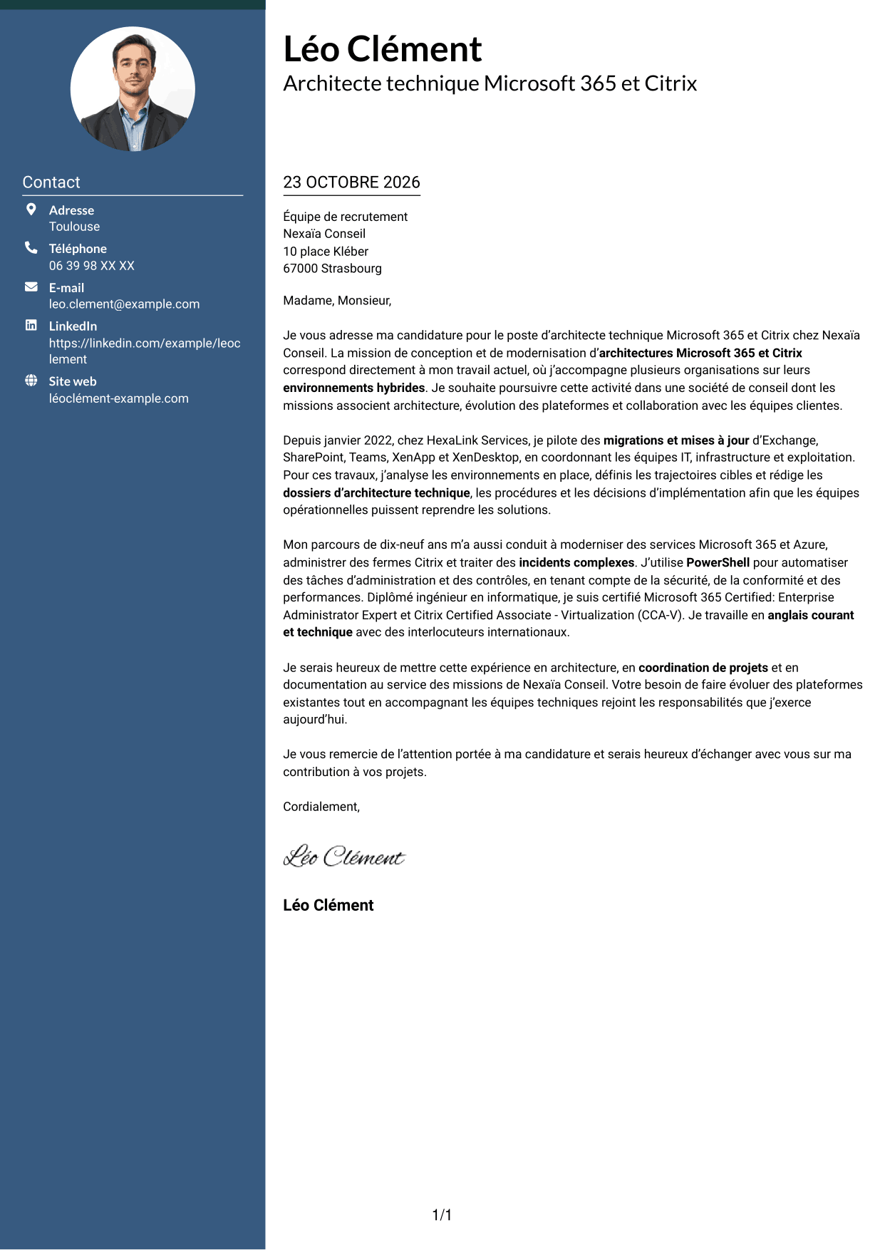 Lettre de motivation Élégant (format à colonne latérale colorée avec photo) : Architecte technique Microsoft 365 - Citrix, page 1