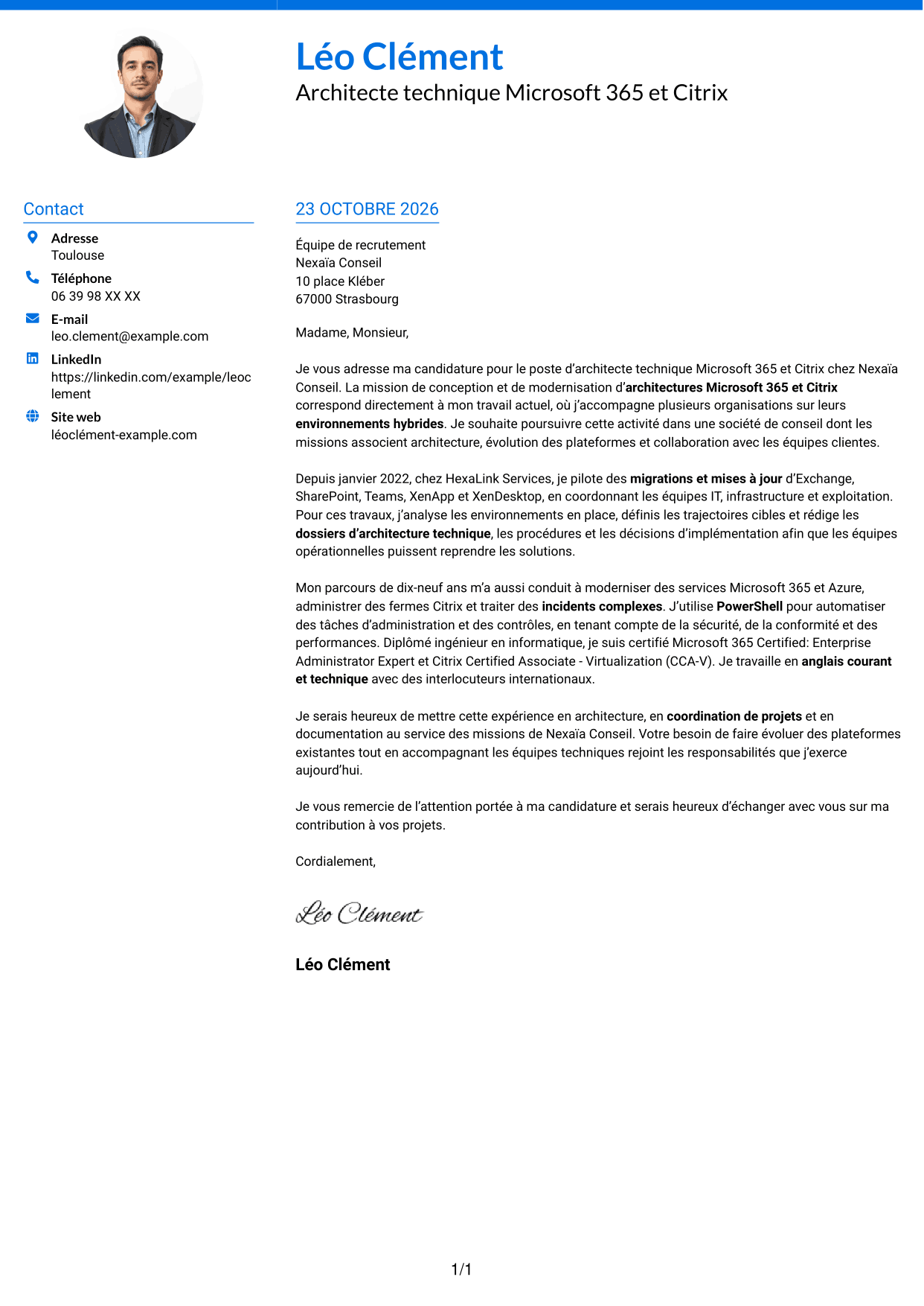 Lettre de motivation Audacieux (format à deux colonnes avec accents colorés et photo) : Architecte technique Microsoft 365 - Citrix, page 1