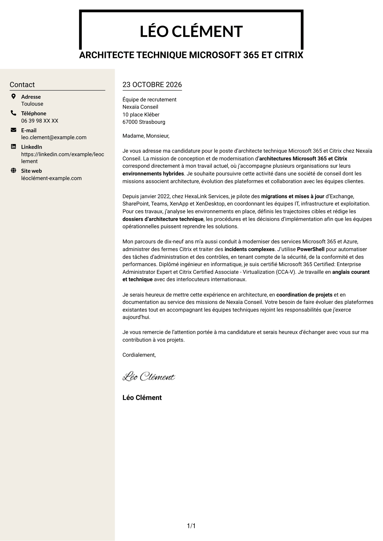 Lettre de motivation Fonceur (format à deux colonnes avec en-tête centré sans photo) : Architecte technique Microsoft 365 - Citrix, page 1