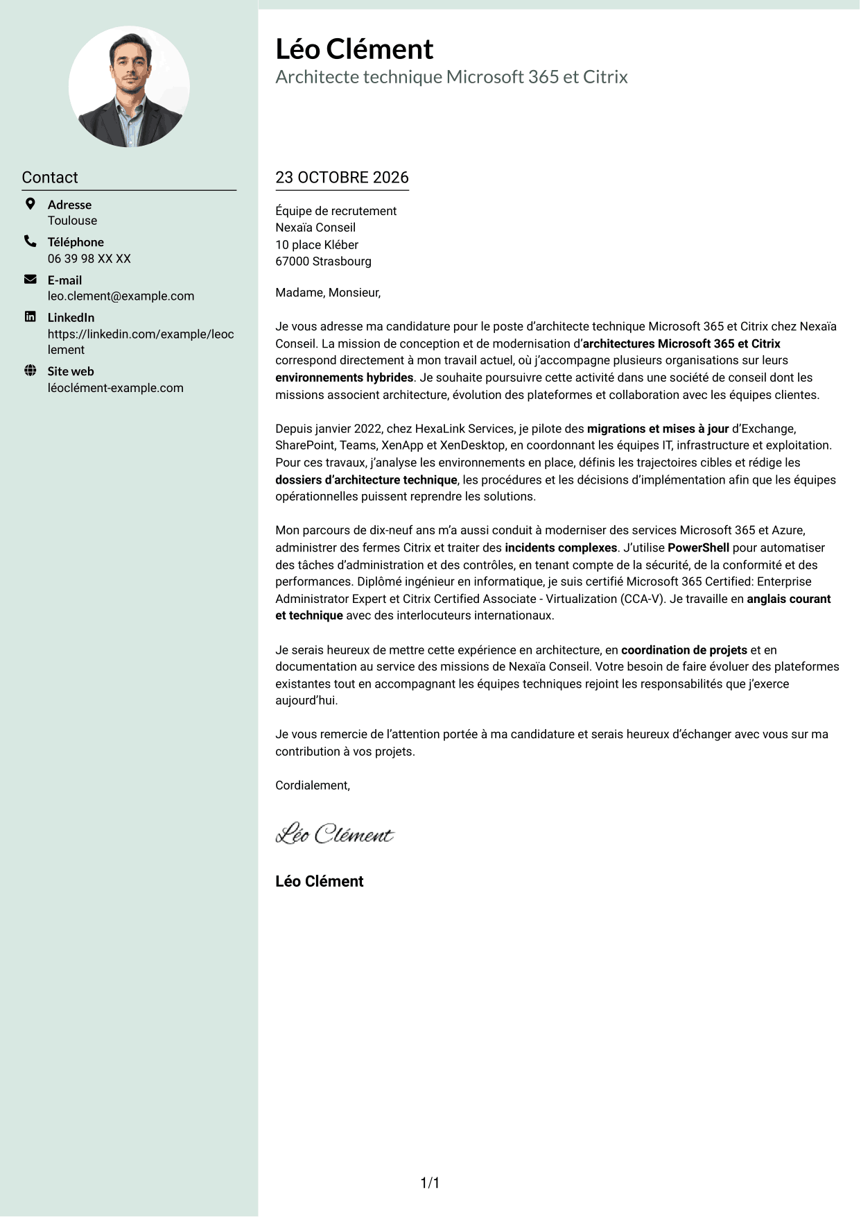 Lettre de motivation Cadre (format à colonne latérale douce avec photo arrondie) : Architecte technique Microsoft 365 - Citrix, page 1