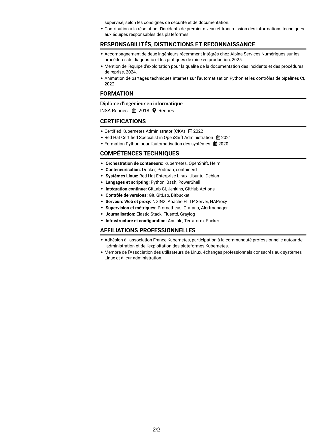 CV Compact (format sobre à deux colonnes avec photo) : Architecte technique - Plateformes Kubernetes, page 2