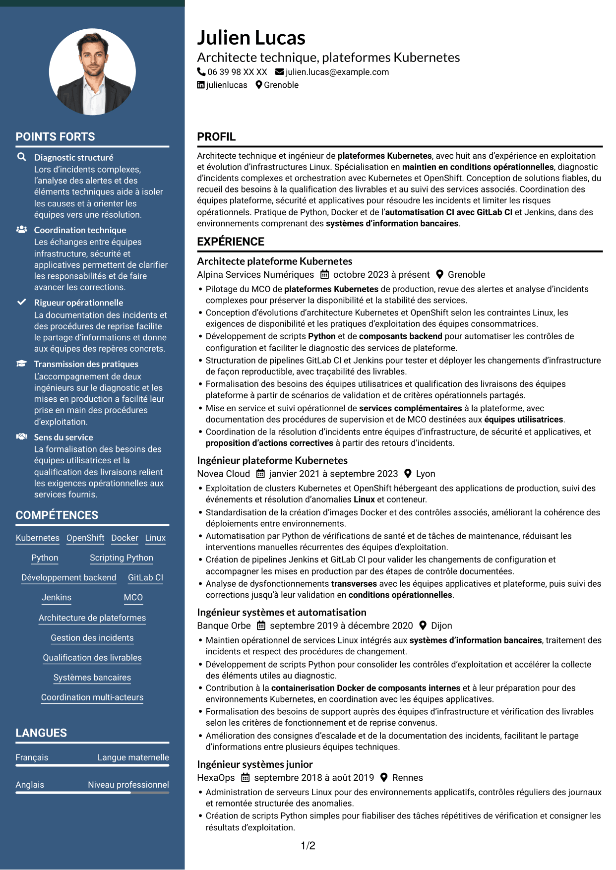 CV Élégant (format à colonne latérale colorée avec photo) : Architecte technique - Plateformes Kubernetes, page 1