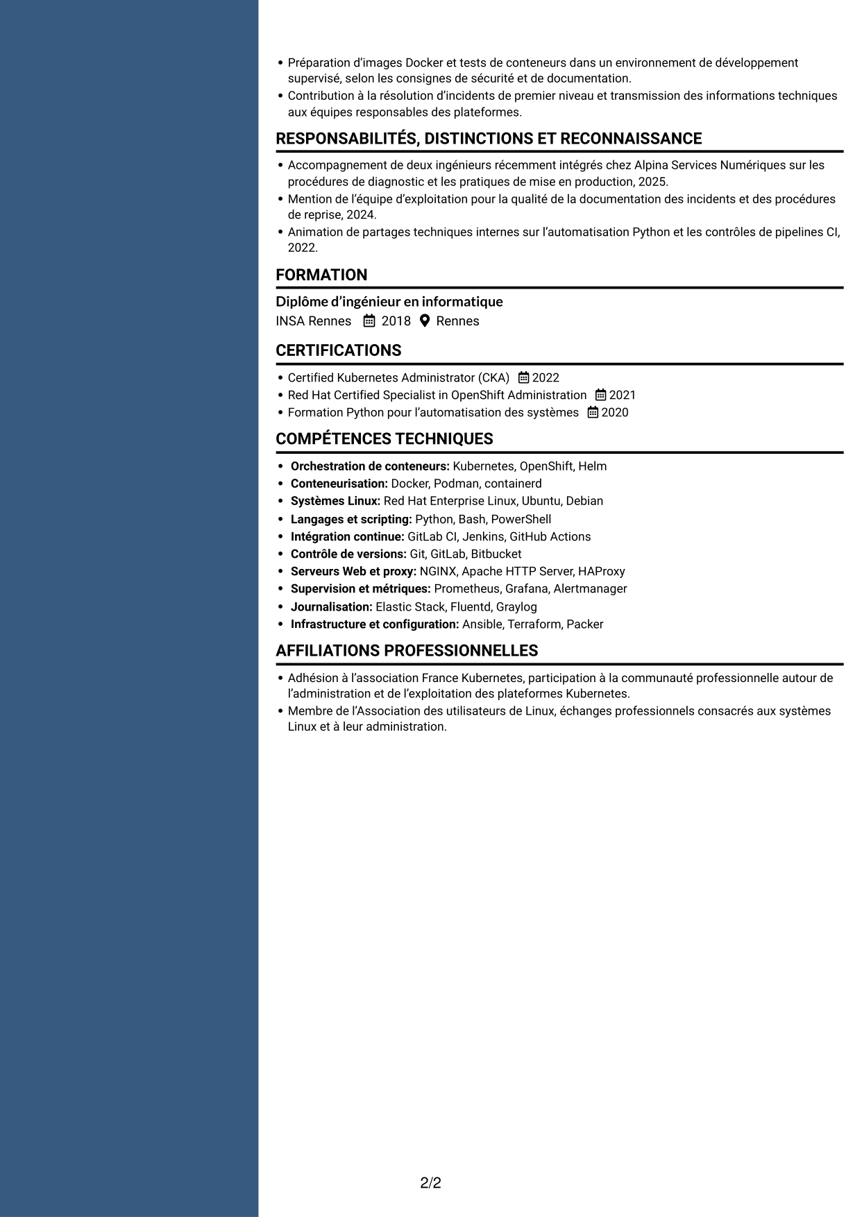 CV Élégant (format à colonne latérale colorée avec photo) : Architecte technique - Plateformes Kubernetes, page 2