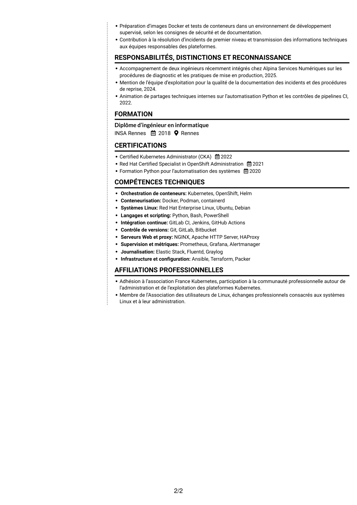 CV Moderne (format à deux colonnes avec photo à gauche et séparateur) : Architecte technique - Plateformes Kubernetes, page 2