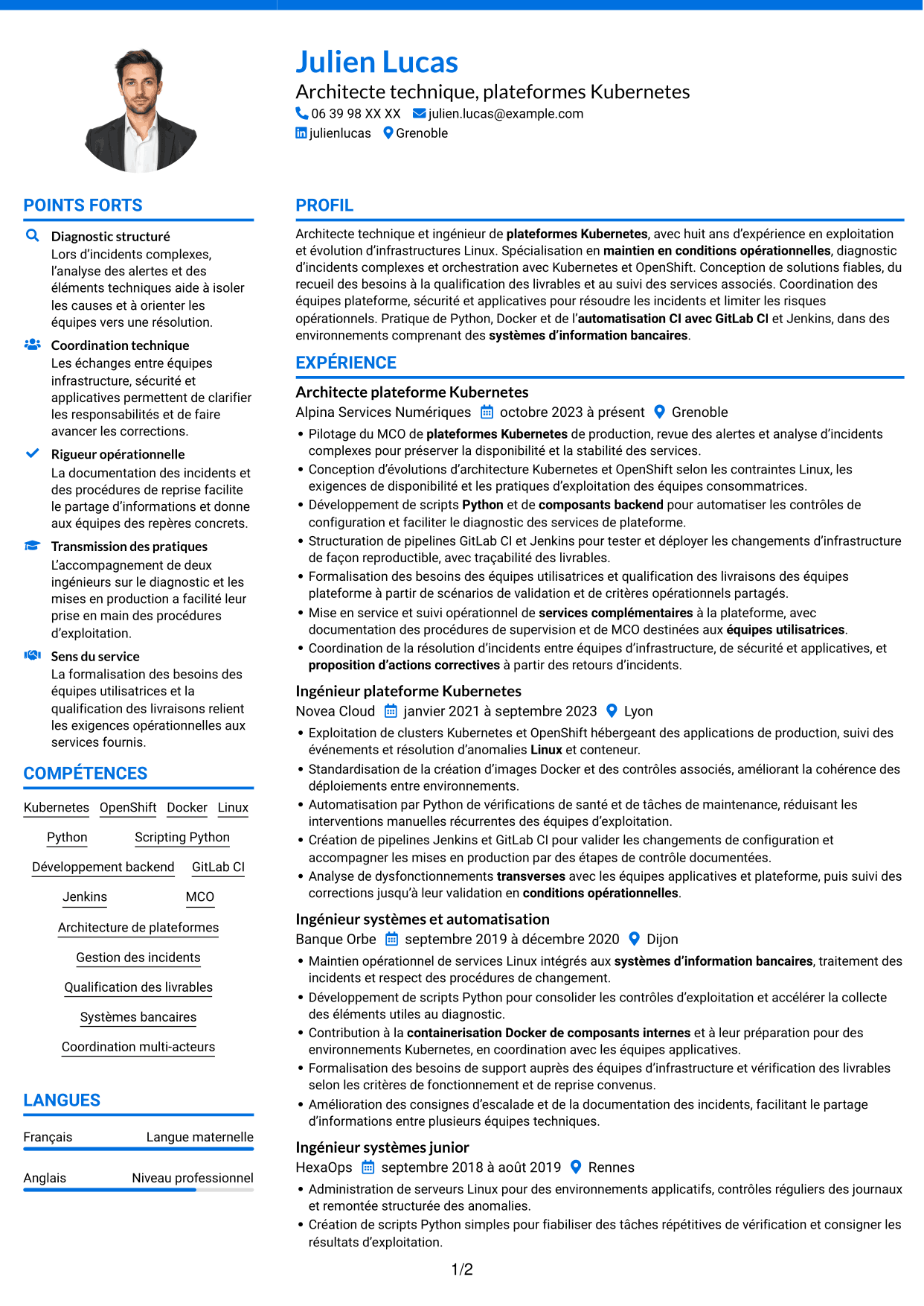 CV Audacieux (format à deux colonnes avec accents colorés et photo) : Architecte technique - Plateformes Kubernetes, page 1