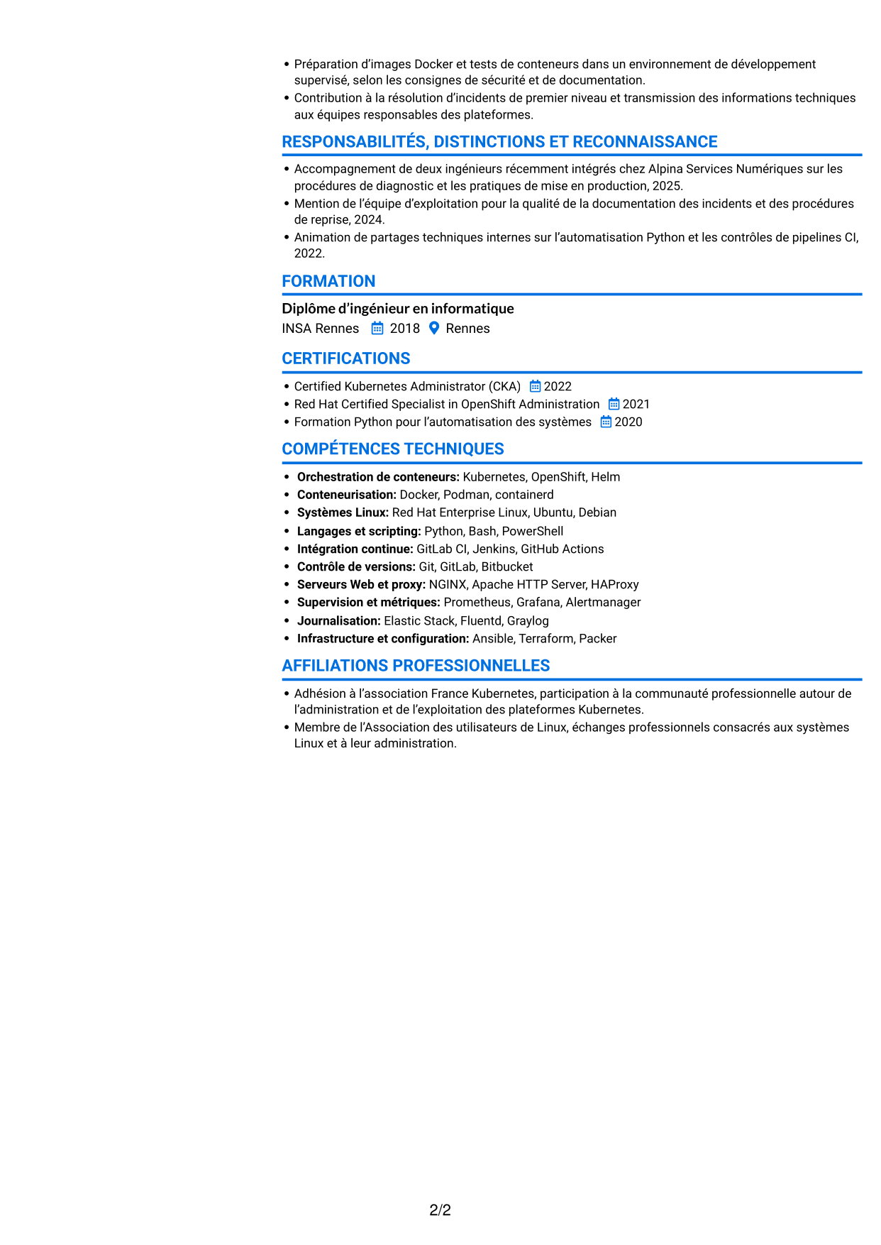 CV Audacieux (format à deux colonnes avec accents colorés et photo) : Architecte technique - Plateformes Kubernetes, page 2