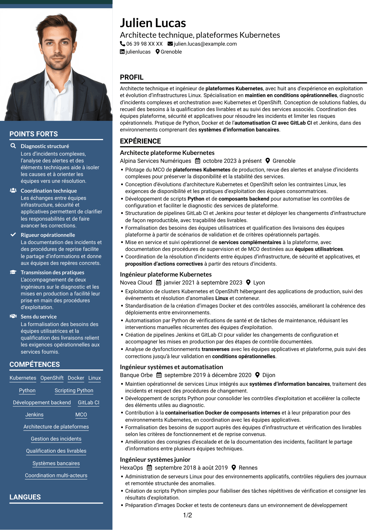 CV Signature (format à colonne latérale colorée avec grande photo) : Architecte technique - Plateformes Kubernetes, page 1