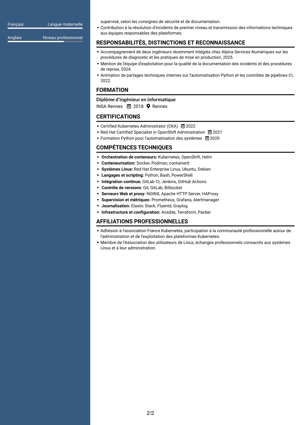 CV Signature (format à colonne latérale colorée avec grande photo) : Architecte technique - Plateformes Kubernetes, page 2