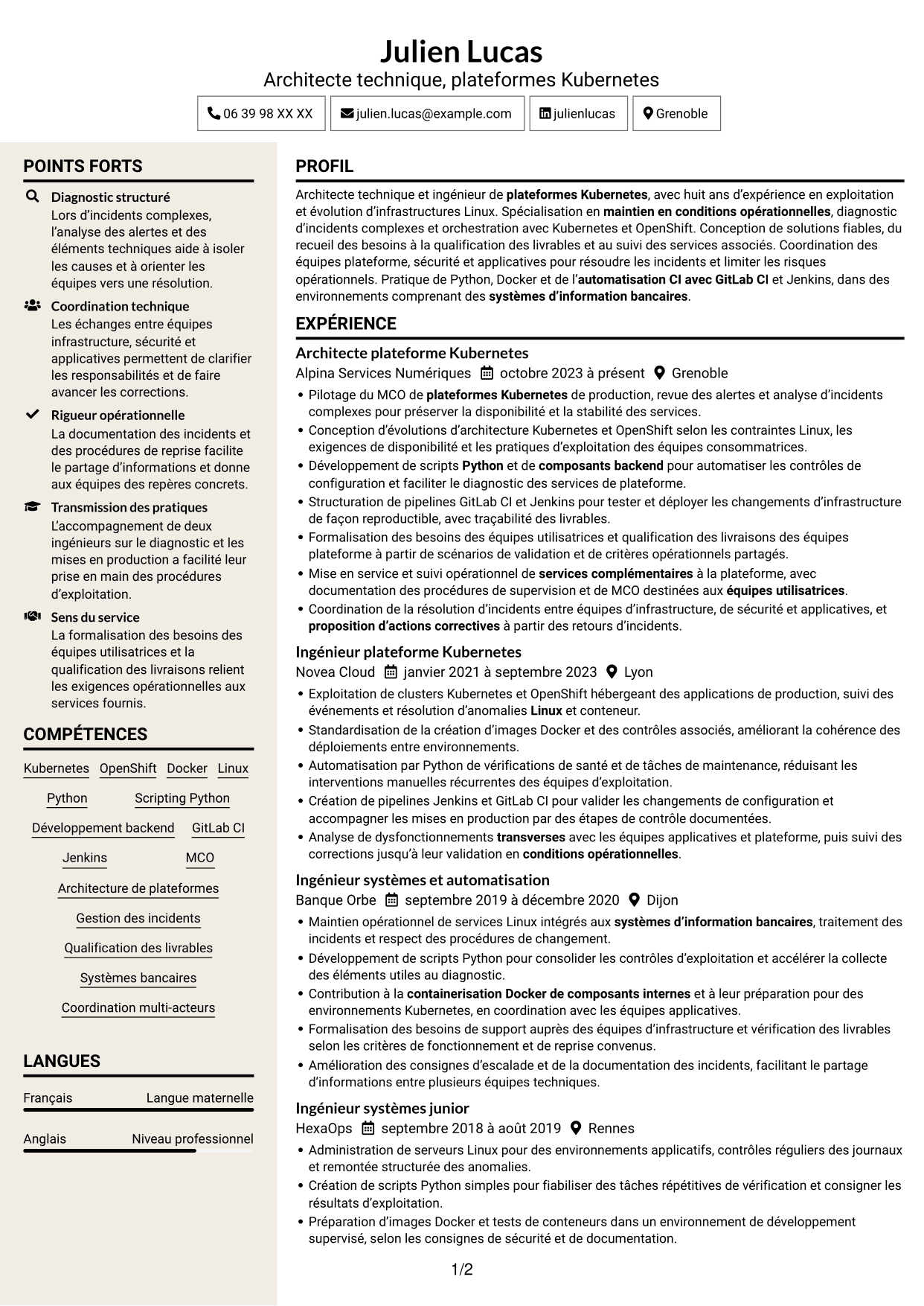 CV Fonceur (format à deux colonnes avec en-tête centré sans photo) : Architecte technique - Plateformes Kubernetes, page 1