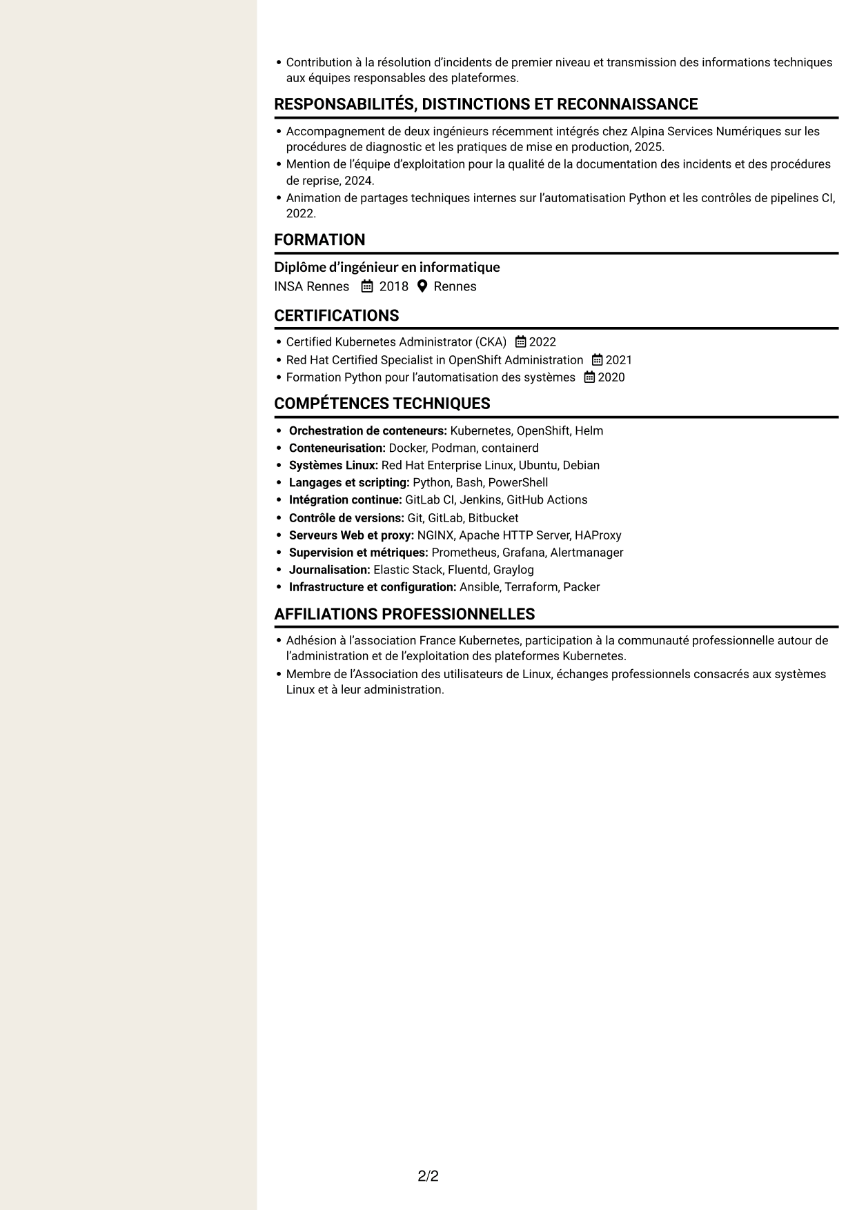 CV Fonceur (format à deux colonnes avec en-tête centré sans photo) : Architecte technique - Plateformes Kubernetes, page 2