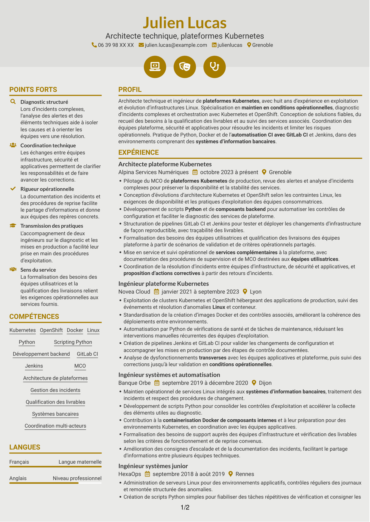 CV Dynamique (format à deux colonnes avec icônes) : Architecte technique - Plateformes Kubernetes, page 1