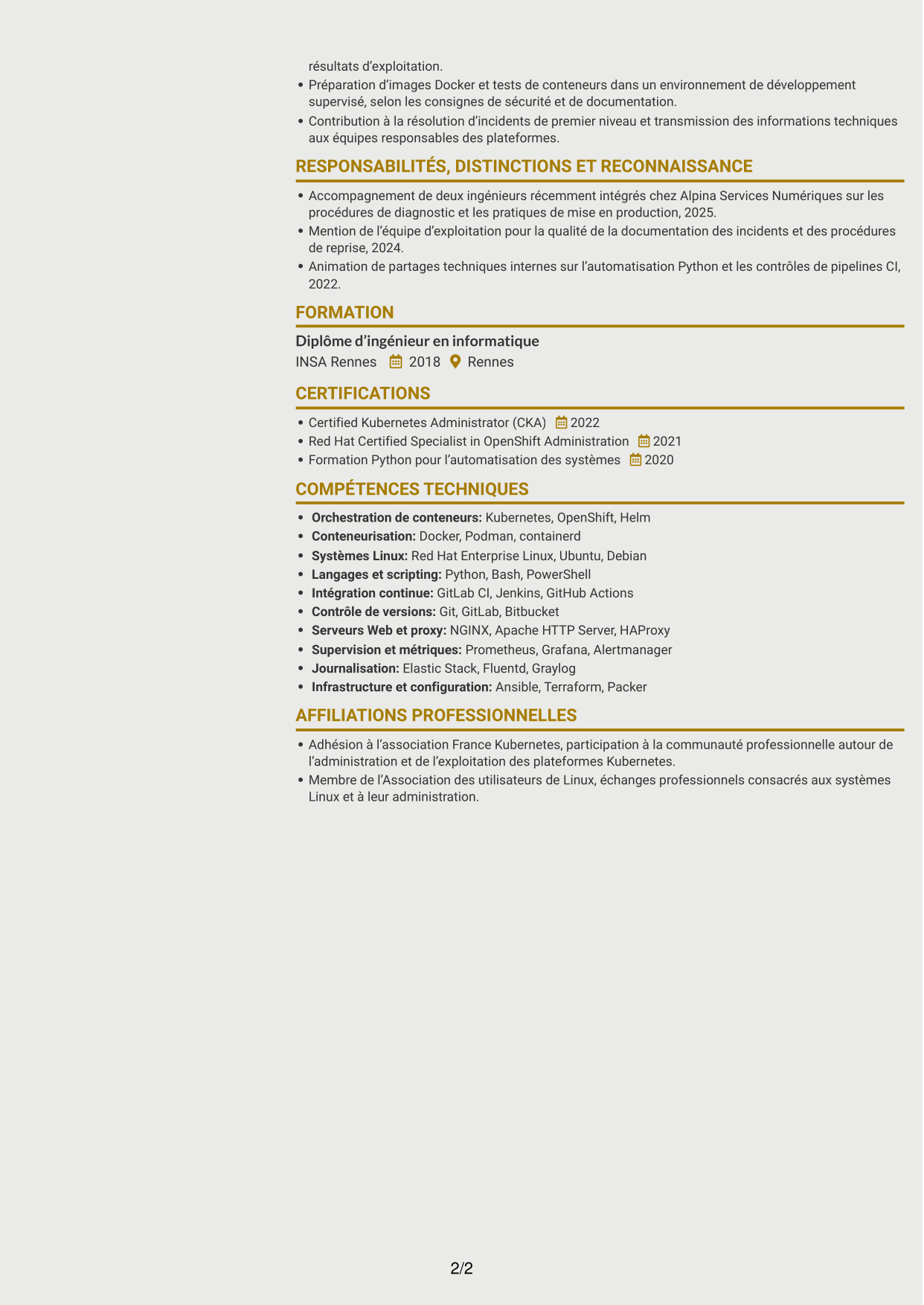 CV Dynamique (format à deux colonnes avec icônes) : Architecte technique - Plateformes Kubernetes, page 2