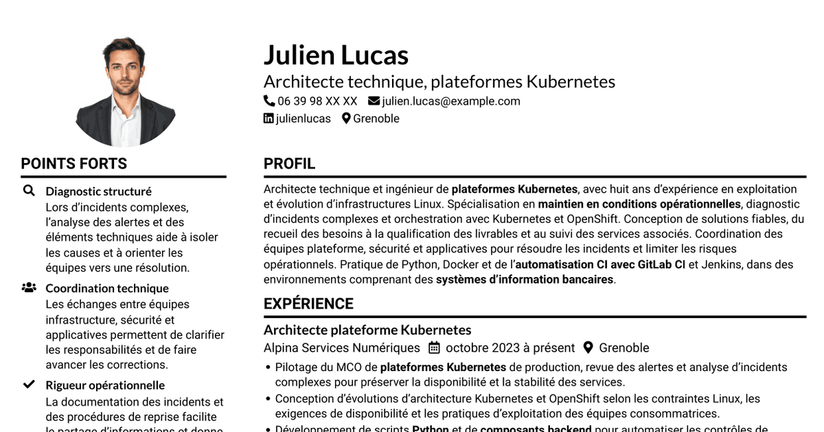7 modèles de CV pour Architecte technique - Plateformes Kubernetes, avec exemples