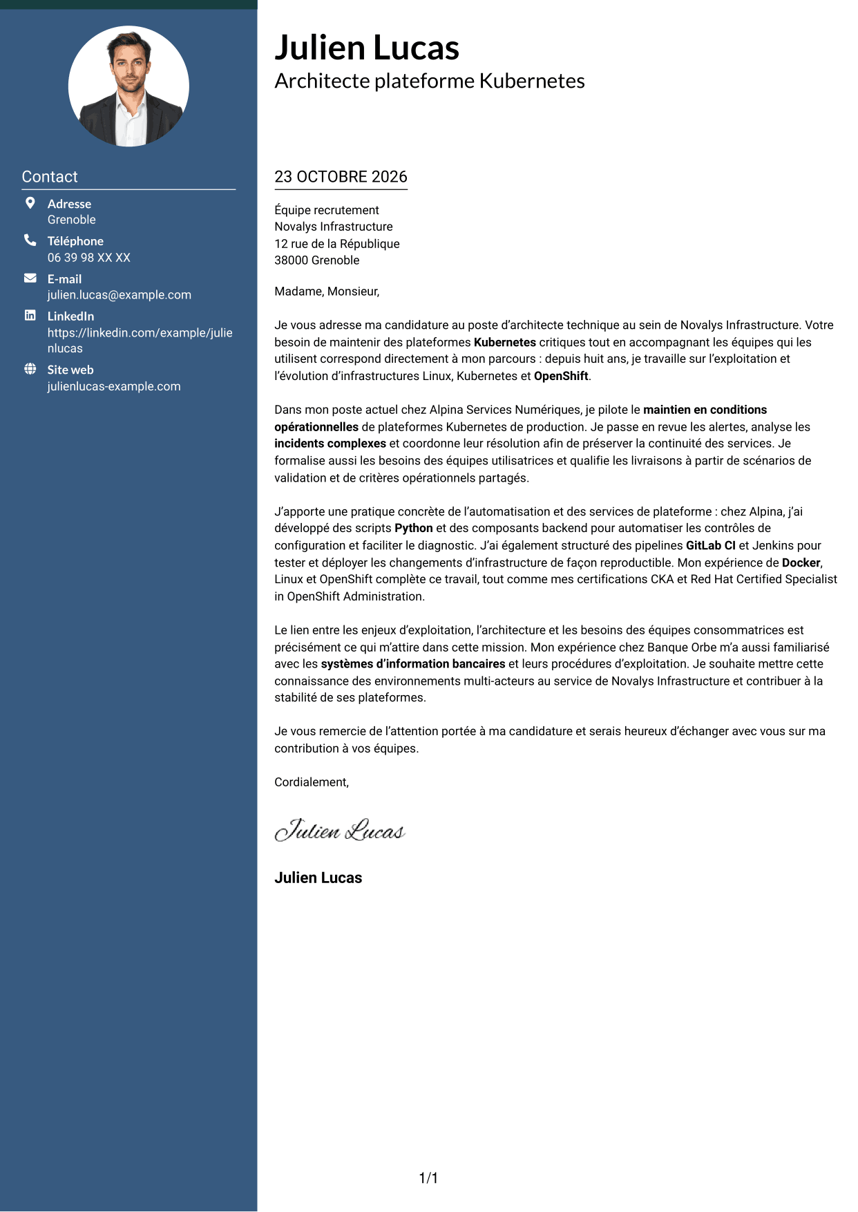 Lettre de motivation Élégant (format à colonne latérale colorée avec photo) : Architecte technique - Plateformes Kubernetes, page 1