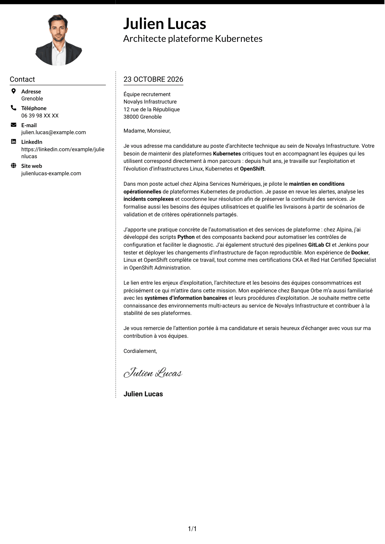 Lettre de motivation Moderne (format à deux colonnes avec photo à gauche et séparateur) : Architecte technique - Plateformes Kubernetes, page 1