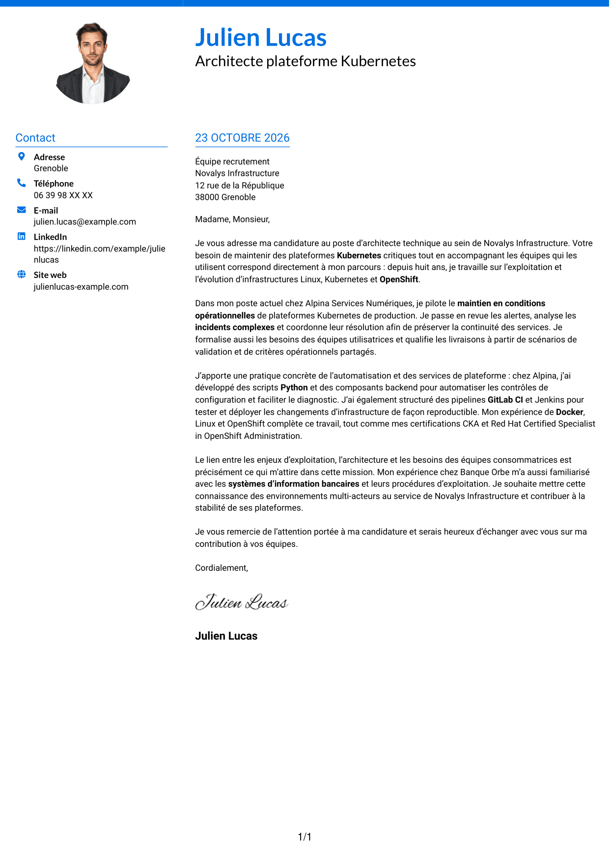 Lettre de motivation Audacieux (format à deux colonnes avec accents colorés et photo) : Architecte technique - Plateformes Kubernetes, page 1