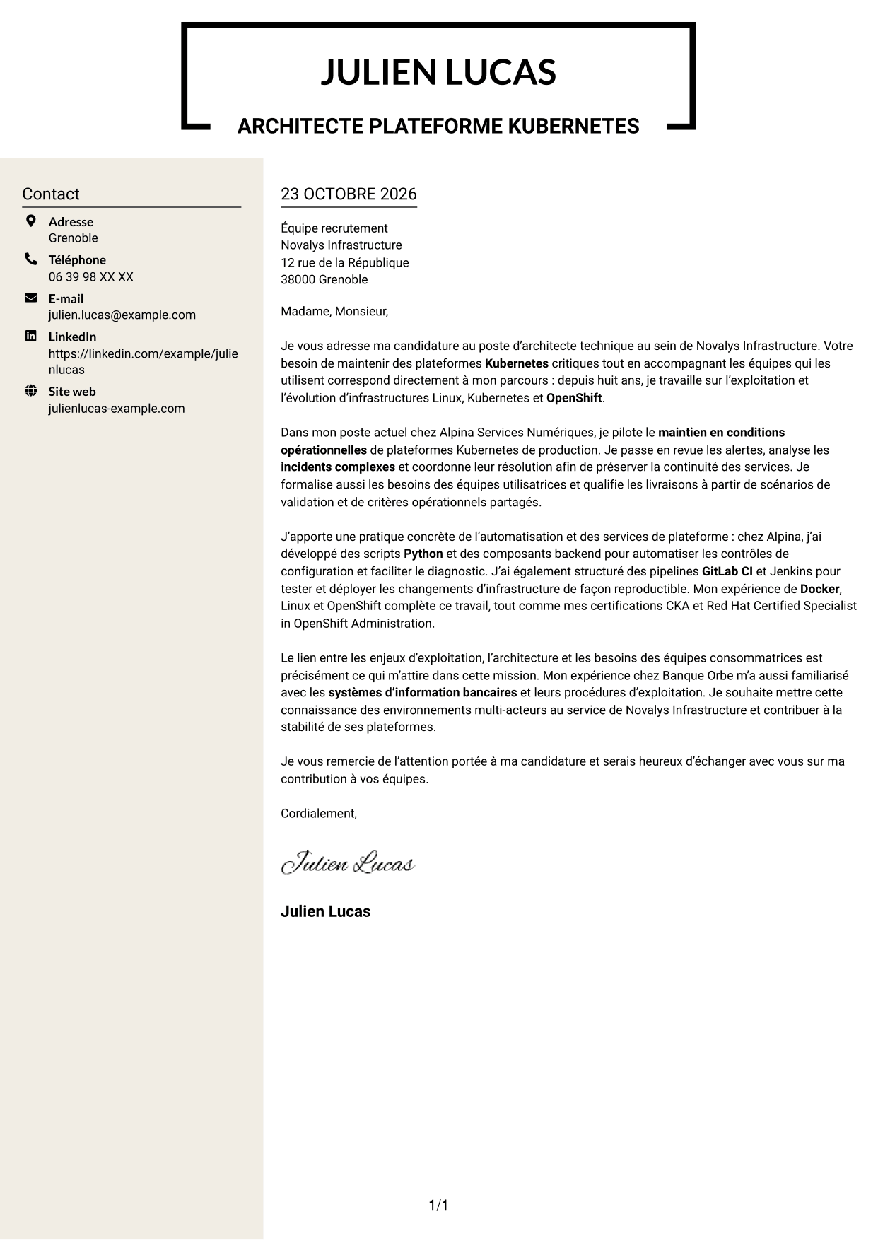 Lettre de motivation Fonceur (format à deux colonnes avec en-tête centré sans photo) : Architecte technique - Plateformes Kubernetes, page 1