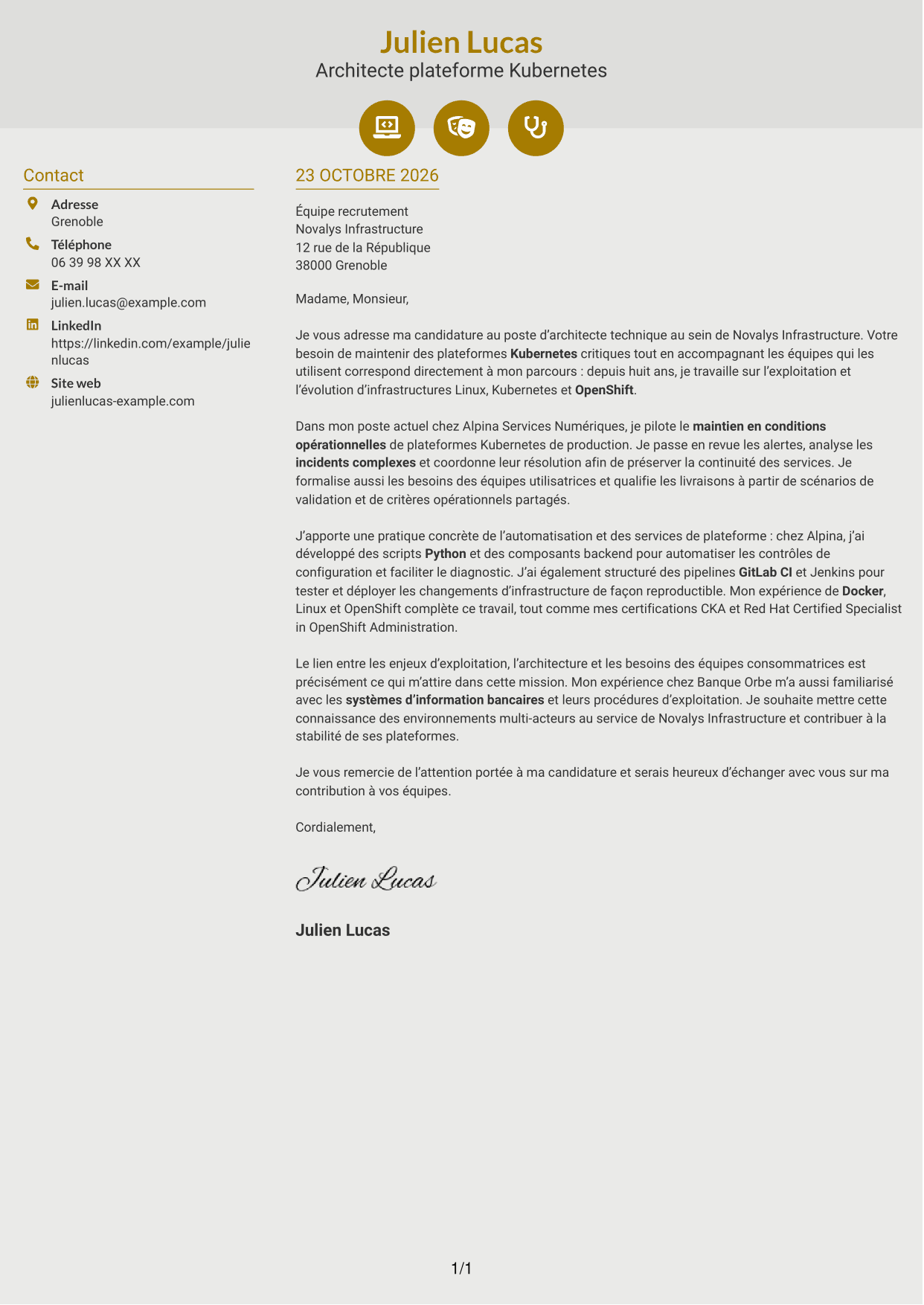 Lettre de motivation Dynamique (format à deux colonnes avec icônes) : Architecte technique - Plateformes Kubernetes, page 1