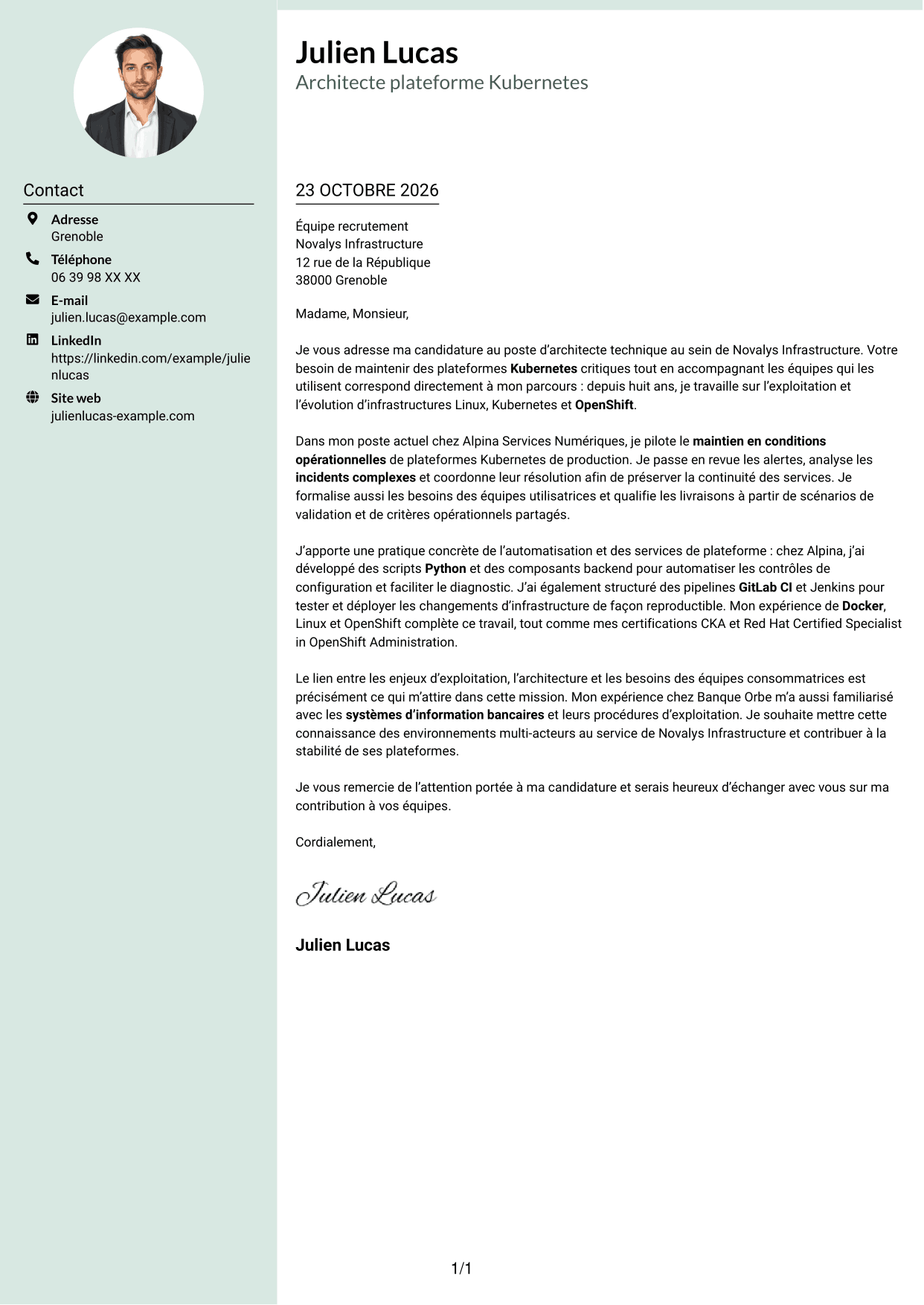 Lettre de motivation Cadre (format à colonne latérale douce avec photo arrondie) : Architecte technique - Plateformes Kubernetes, page 1