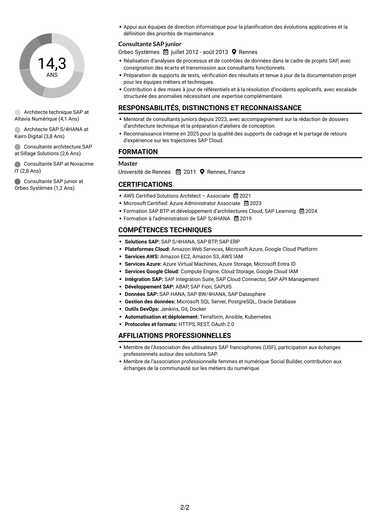 CV Compact (format sobre à deux colonnes avec photo) : Architecte technique SAP Cloud - On-Premise, page 2