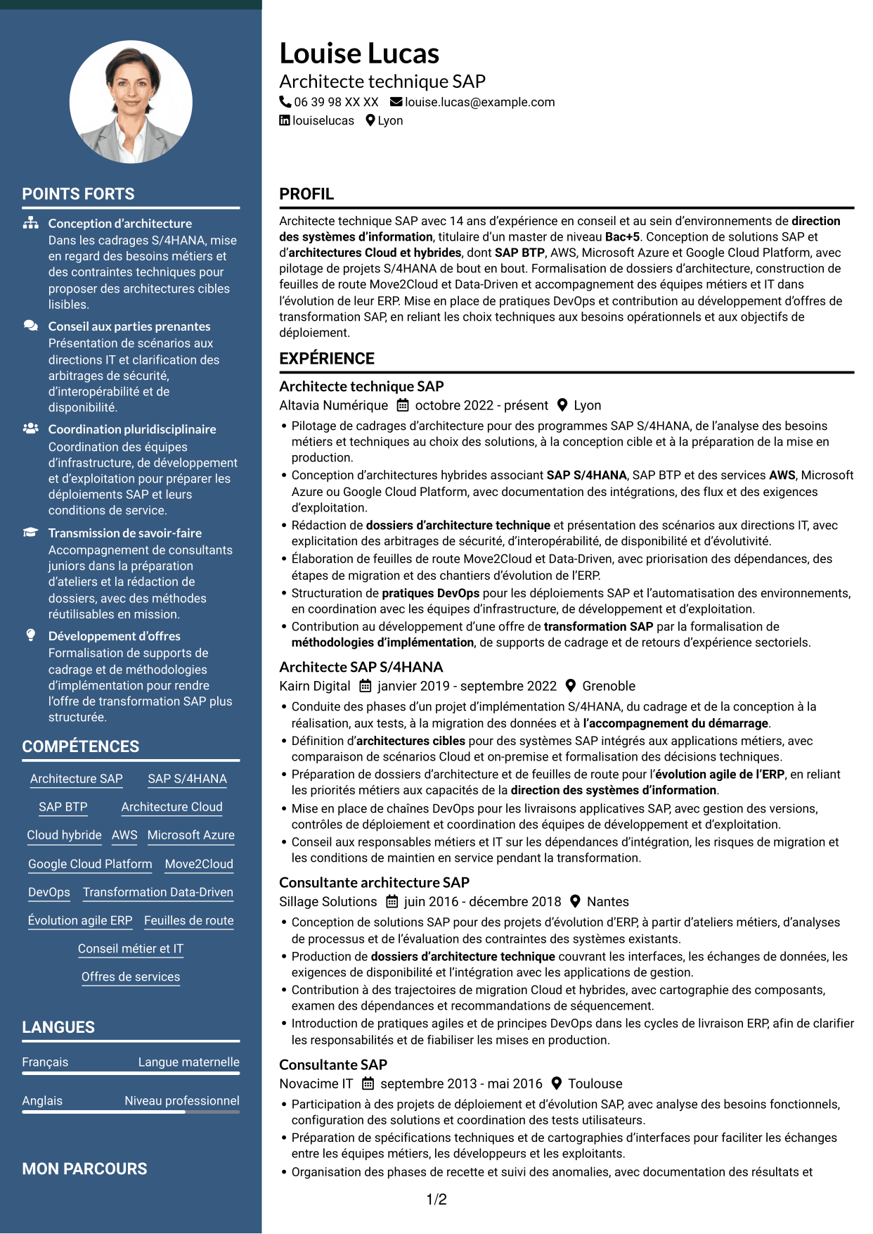 CV Élégant (format à colonne latérale colorée avec photo) : Architecte technique SAP Cloud - On-Premise, page 1