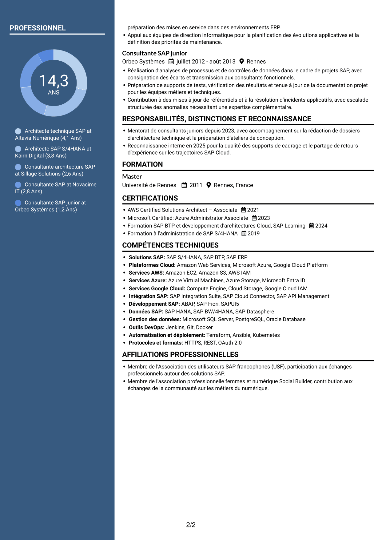 CV Élégant (format à colonne latérale colorée avec photo) : Architecte technique SAP Cloud - On-Premise, page 2