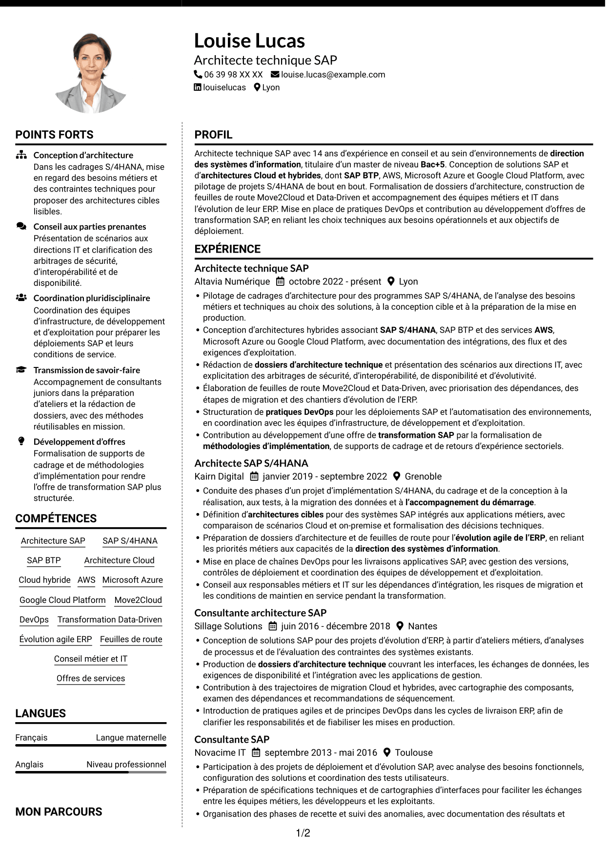 CV Moderne (format à deux colonnes avec photo à gauche et séparateur) : Architecte technique SAP Cloud - On-Premise, page 1