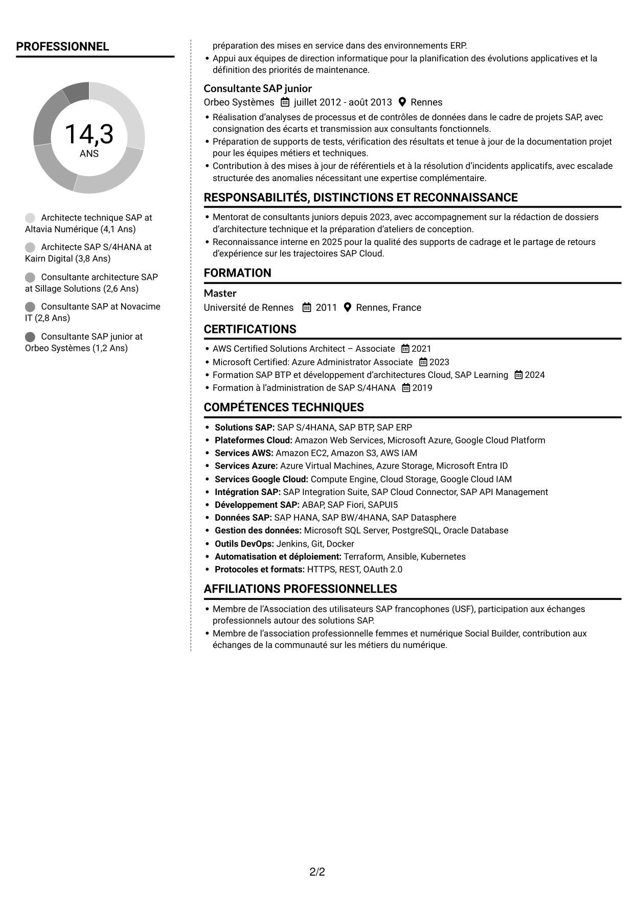 CV Moderne (format à deux colonnes avec photo à gauche et séparateur) : Architecte technique SAP Cloud - On-Premise, page 2