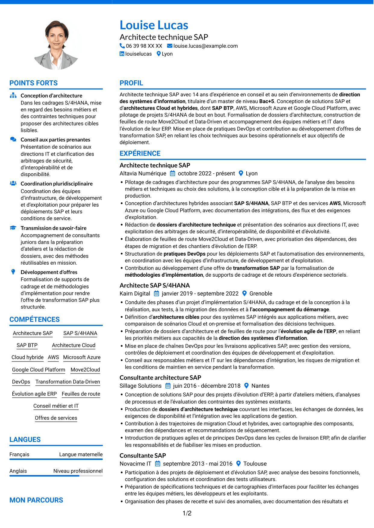 CV Audacieux (format à deux colonnes avec accents colorés et photo) : Architecte technique SAP Cloud - On-Premise, page 1