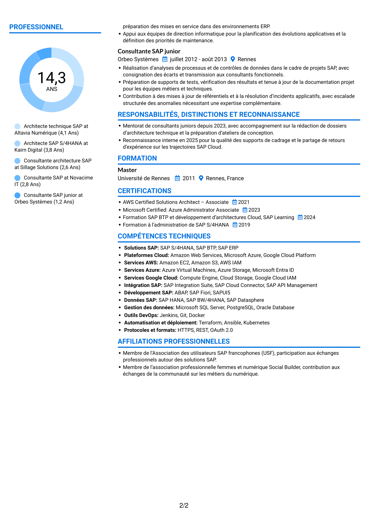 CV Audacieux (format à deux colonnes avec accents colorés et photo) : Architecte technique SAP Cloud - On-Premise, page 2
