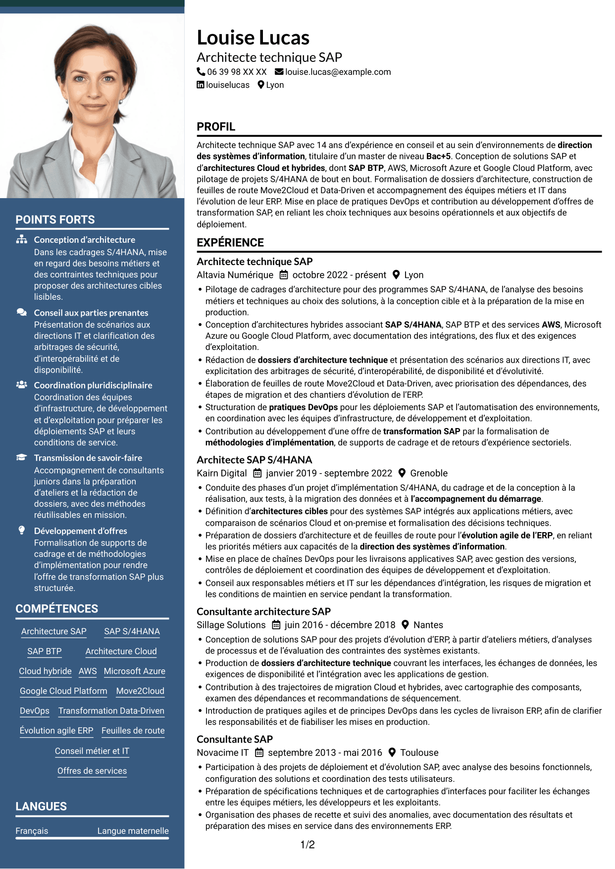 CV Signature (format à colonne latérale colorée avec grande photo) : Architecte technique SAP Cloud - On-Premise, page 1