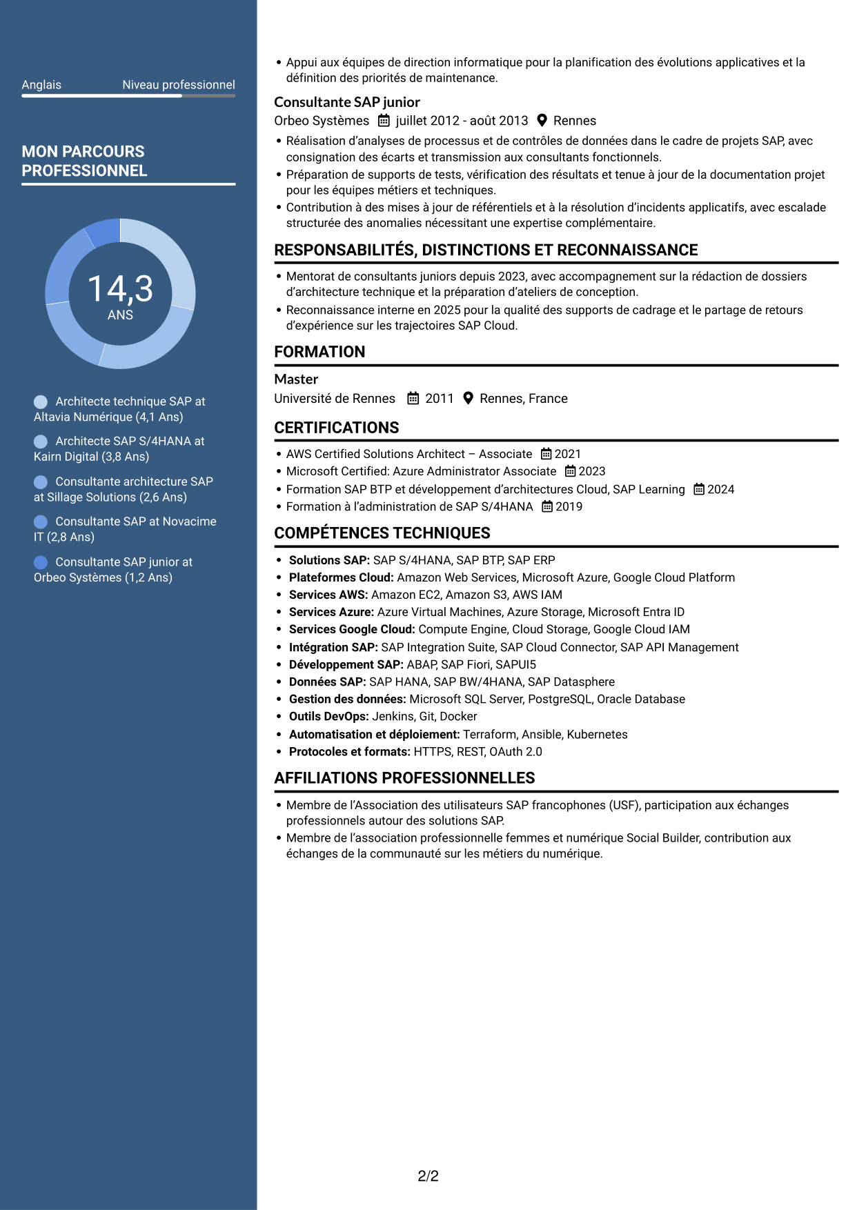 CV Signature (format à colonne latérale colorée avec grande photo) : Architecte technique SAP Cloud - On-Premise, page 2