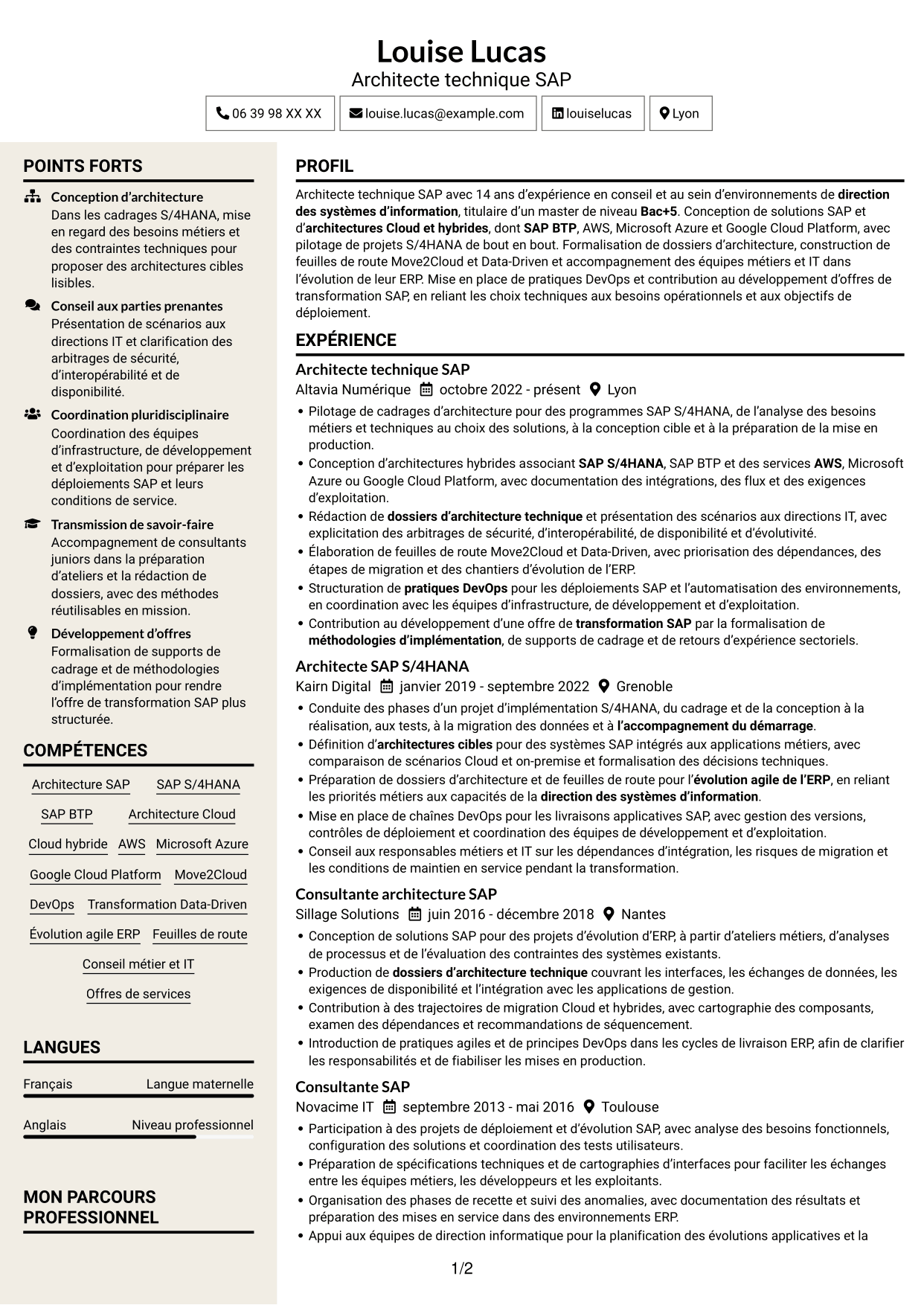 CV Fonceur (format à deux colonnes avec en-tête centré sans photo) : Architecte technique SAP Cloud - On-Premise, page 1