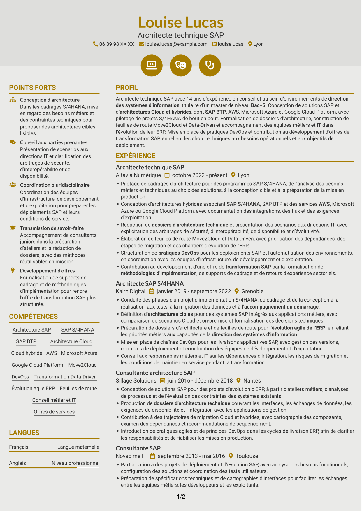 CV Dynamique (format à deux colonnes avec icônes) : Architecte technique SAP Cloud - On-Premise, page 1