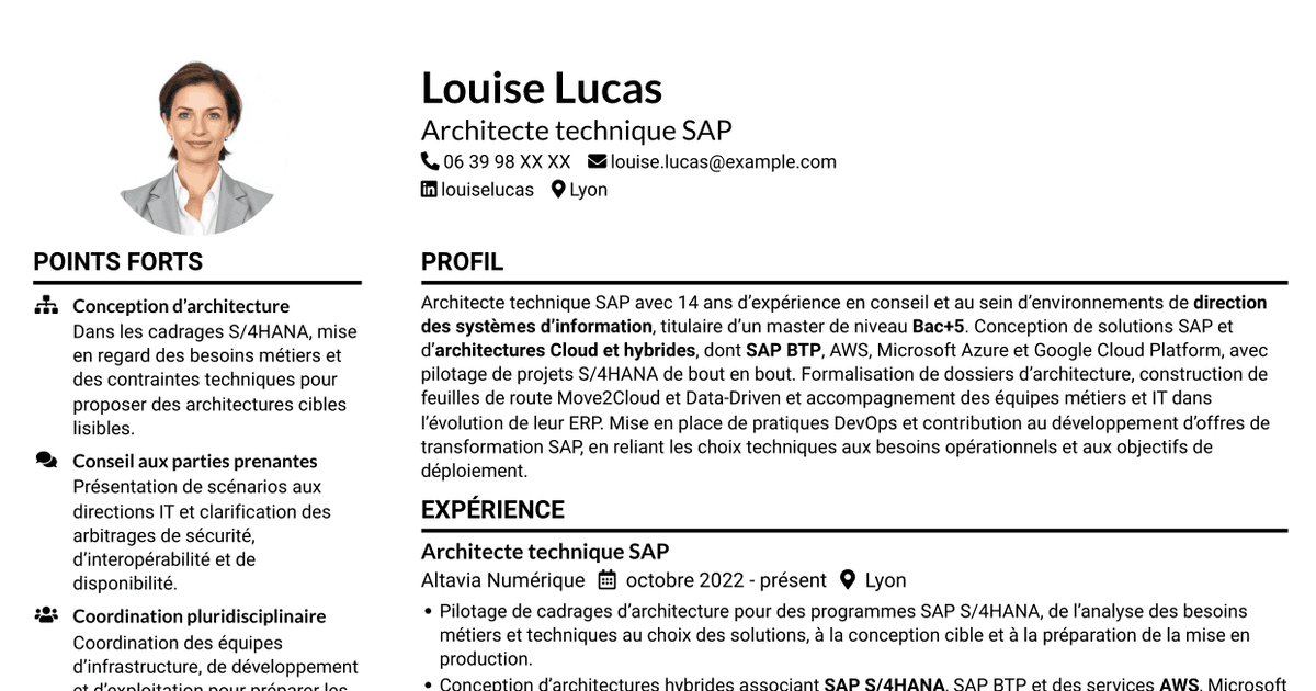 7 modèles de CV pour Architecte technique SAP Cloud - On-Premise, avec exemples